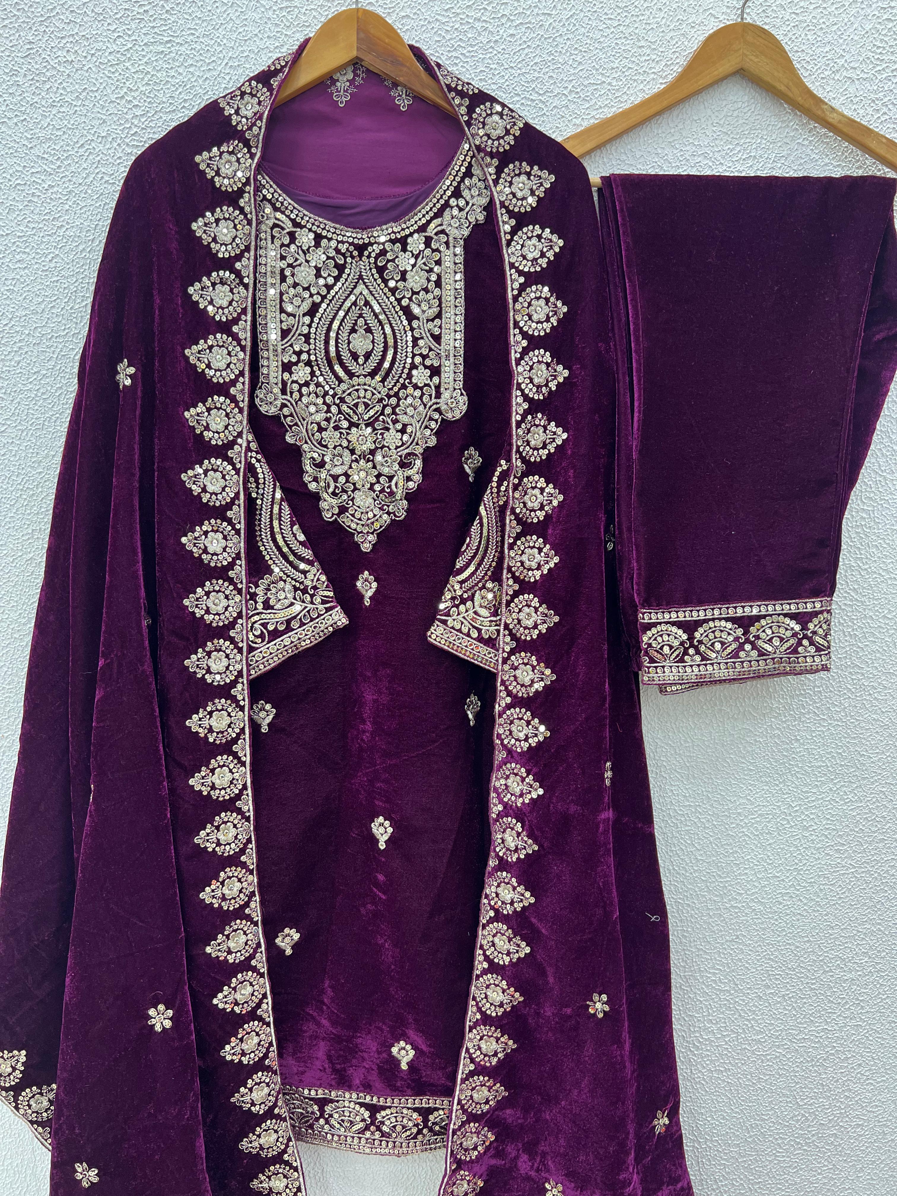 Alluring Wine Color Pure Heavy Viscose Velvet With Heavy Embroidery Sequence Work Salwar Suit