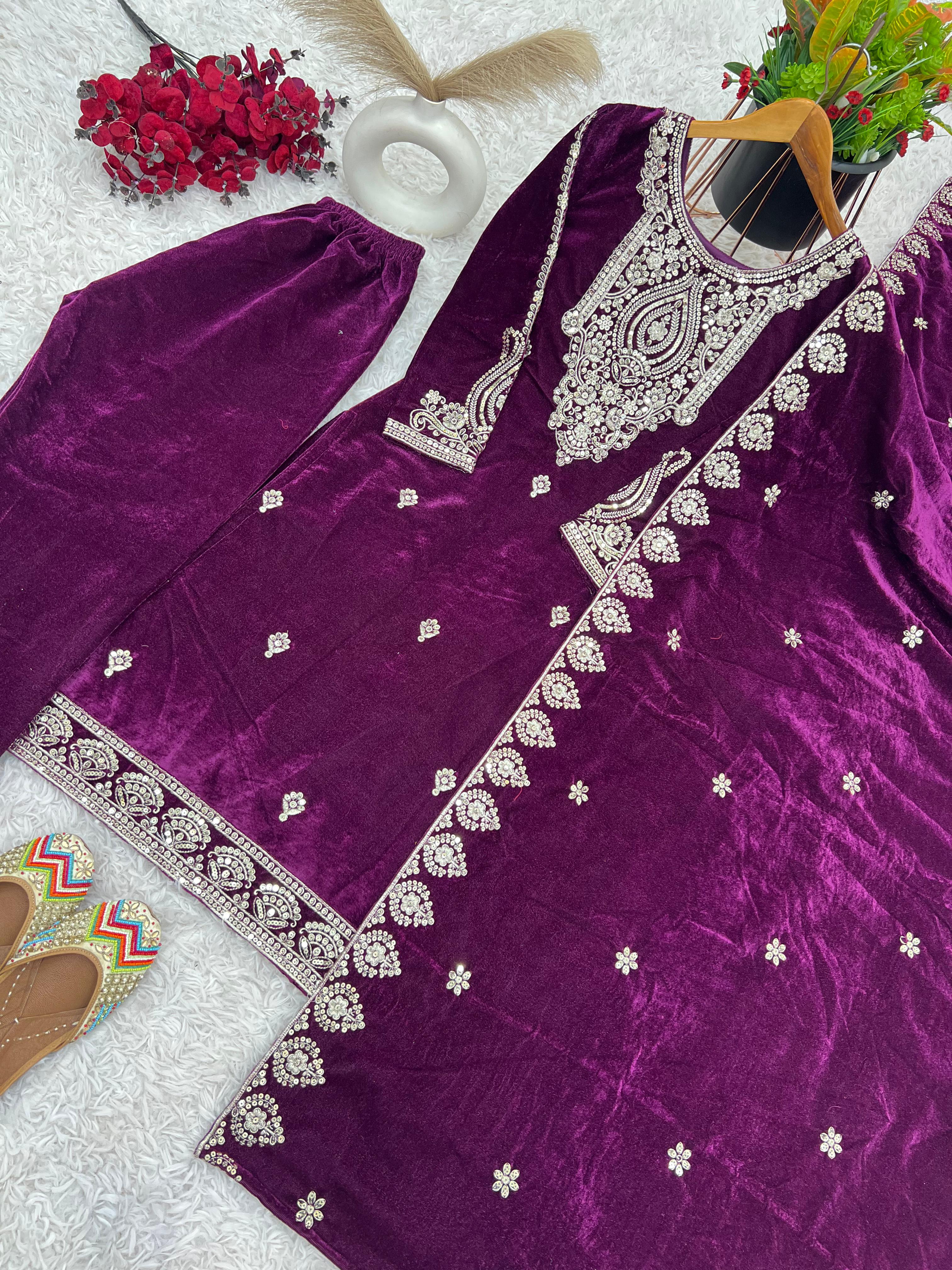 Alluring Wine Color Pure Heavy Viscose Velvet With Heavy Embroidery Sequence Work Salwar Suit