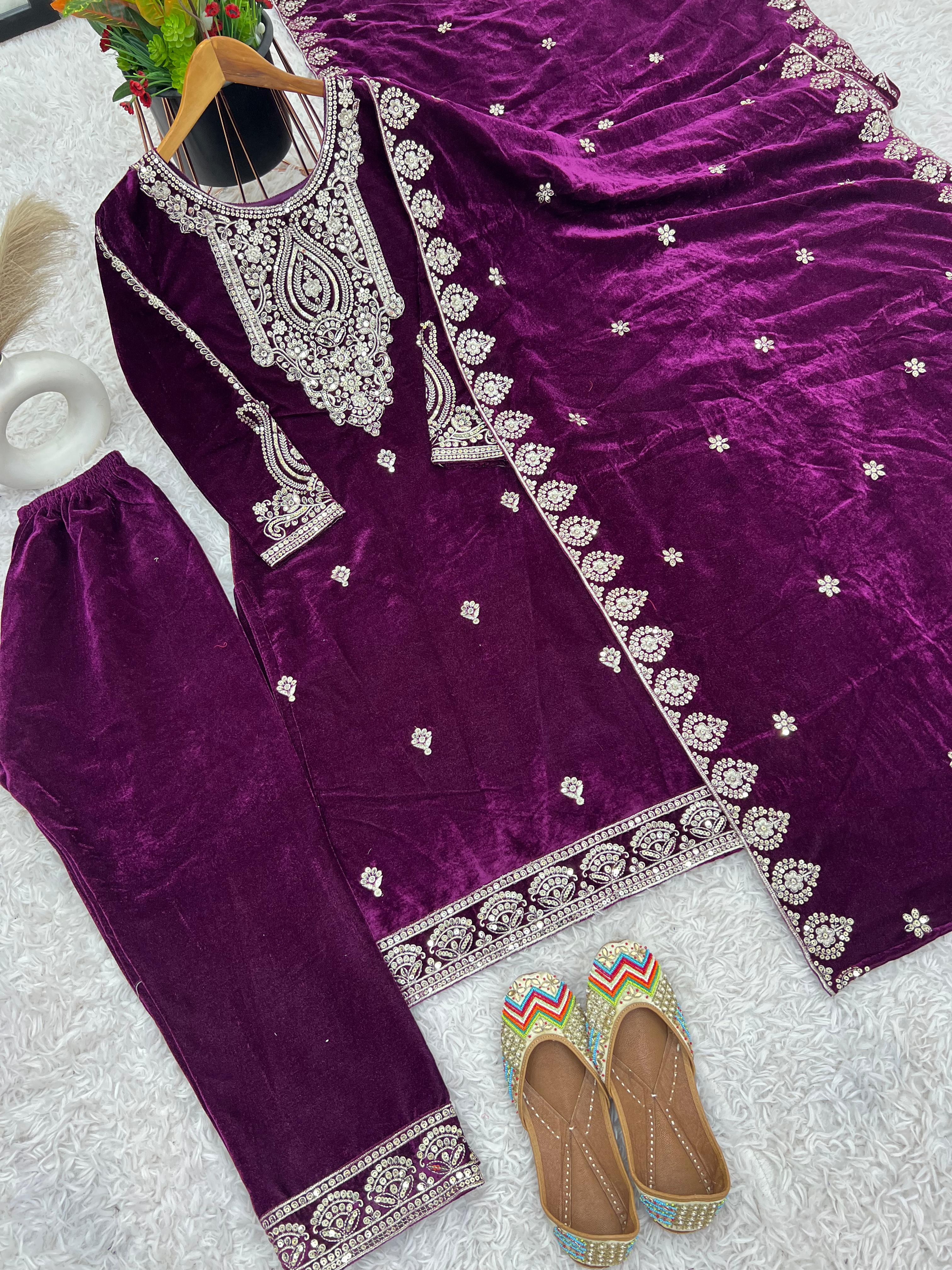 Alluring Wine Color Pure Heavy Viscose Velvet With Heavy Embroidery Sequence Work Salwar Suit