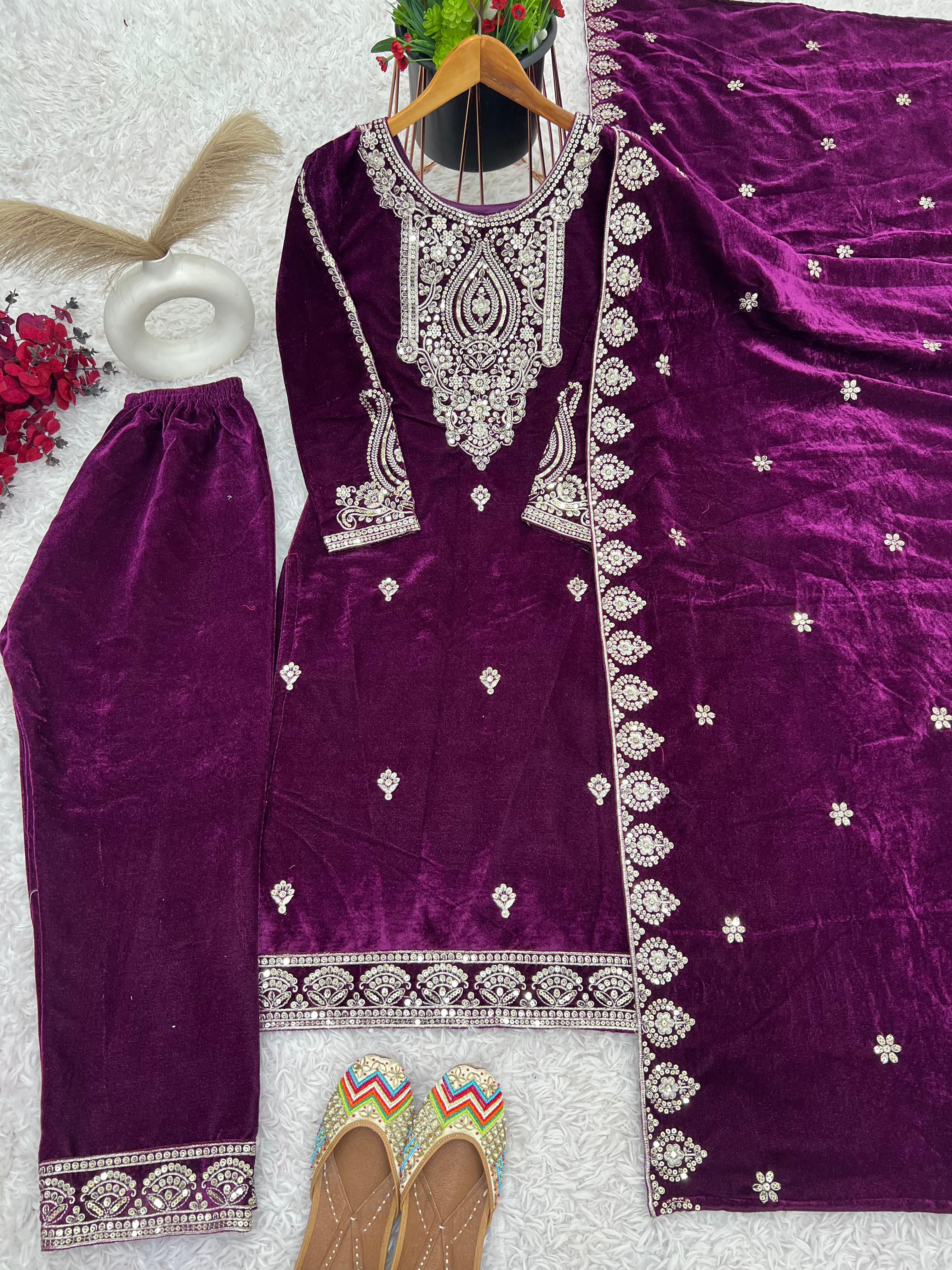 Alluring Wine Color Pure Heavy Viscose Velvet With Heavy Embroidery Sequence Work Salwar Suit