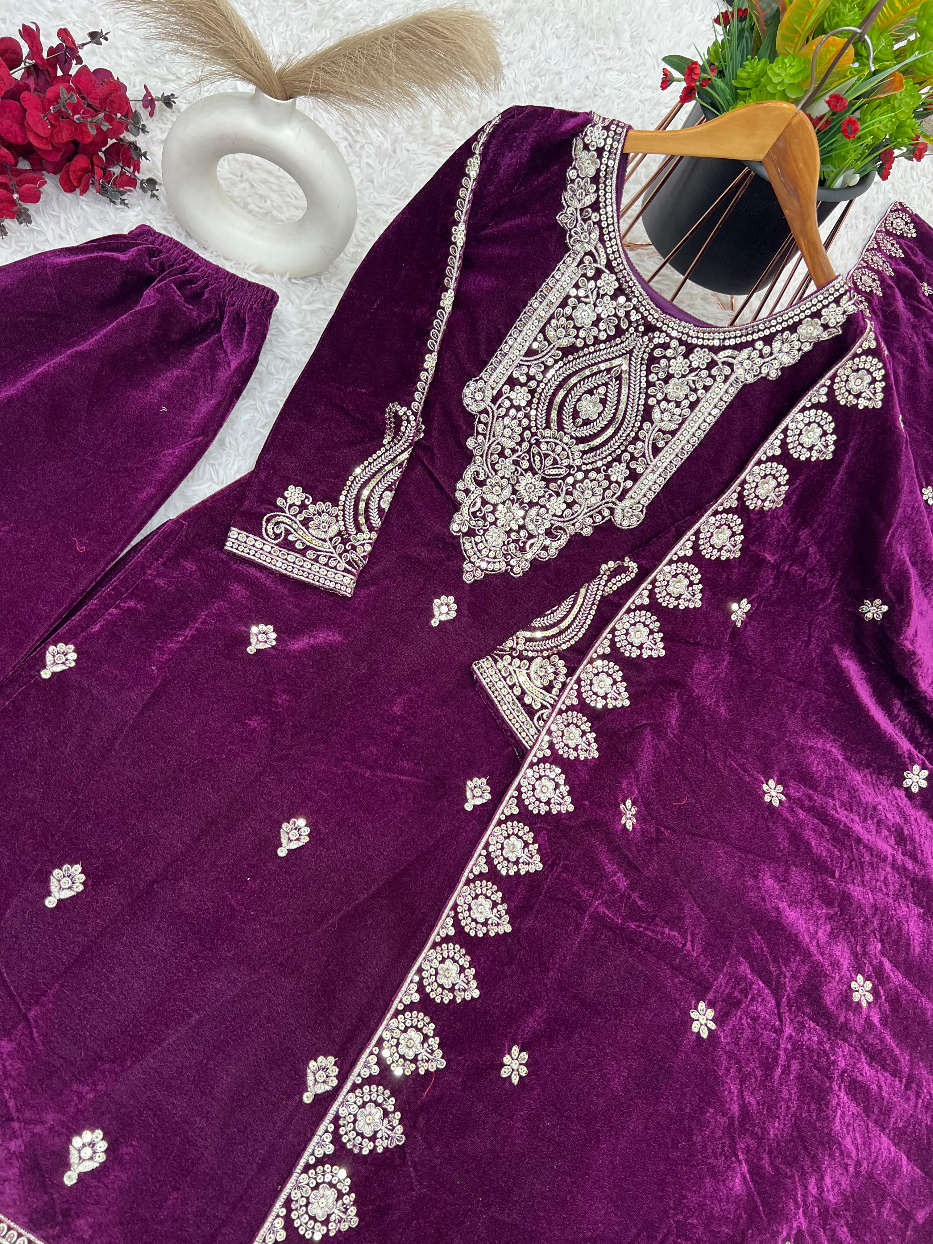 Alluring Wine Color Pure Heavy Viscose Velvet With Heavy Embroidery Sequence Work Salwar Suit