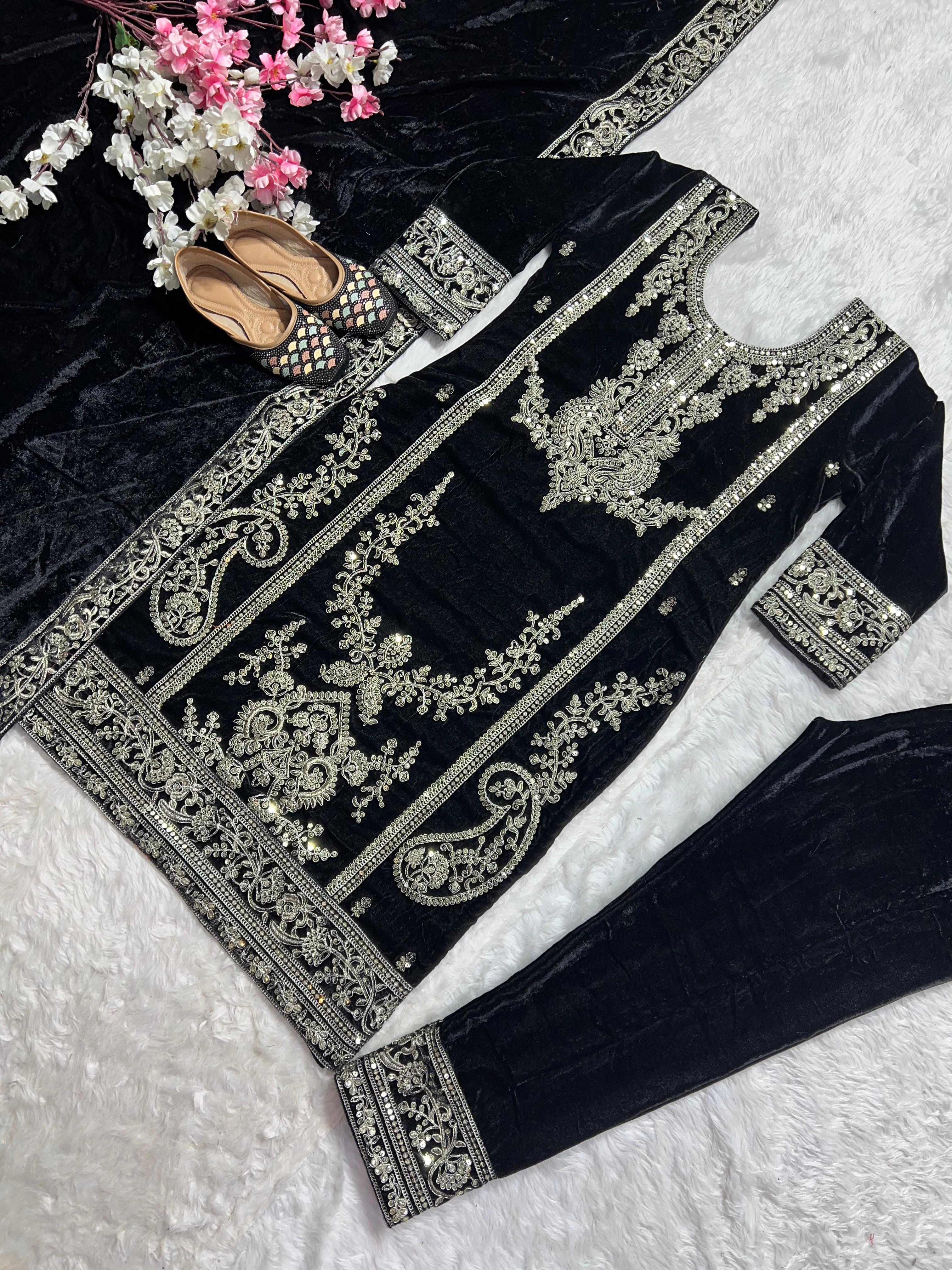 Embellished Black Color Pure Heavy Viscous Velvet With Heavy Embroidery Coding Sequence Work Salwar Suit