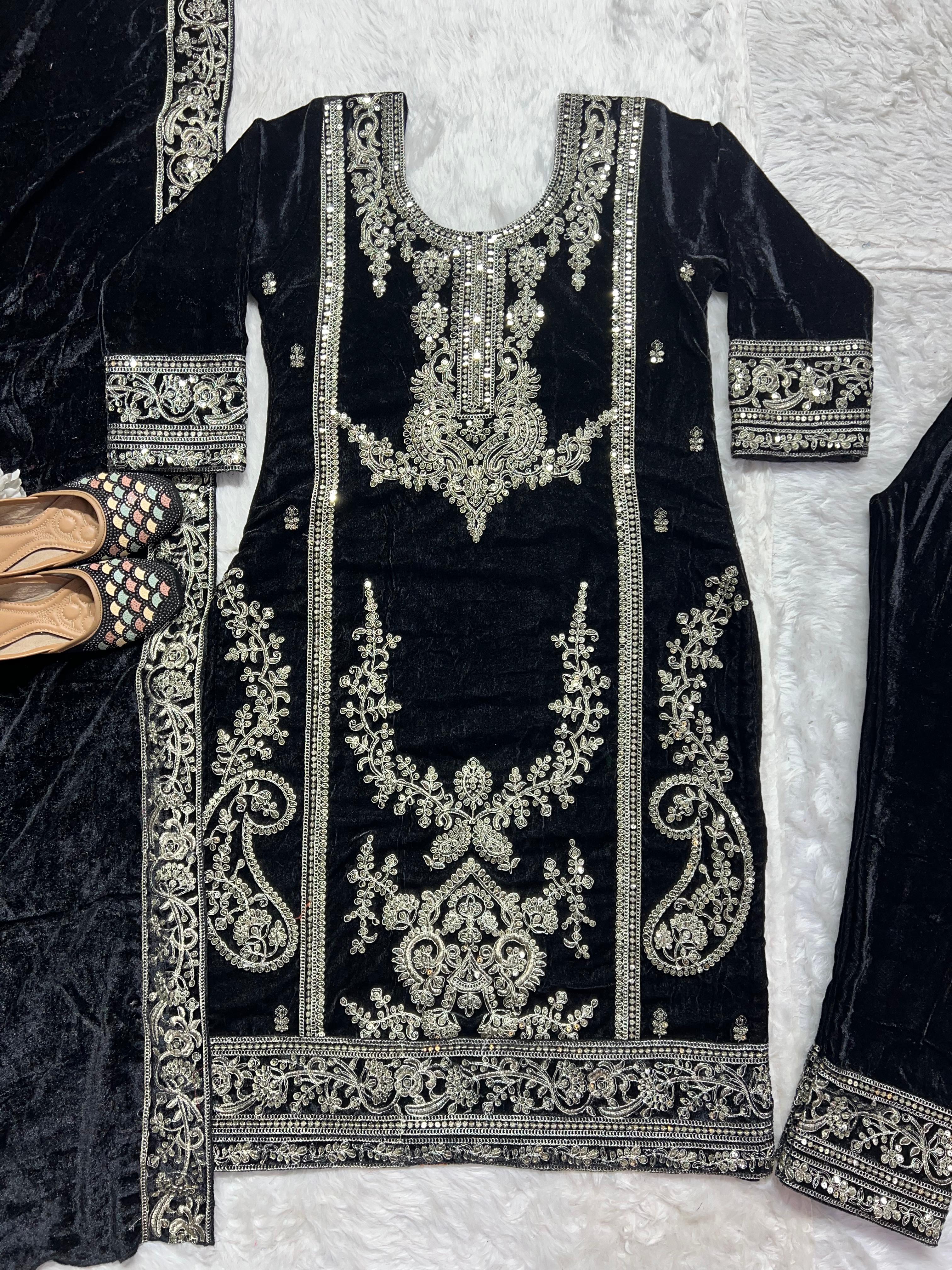 Embellished Black Color Pure Heavy Viscous Velvet With Heavy Embroidery Coding Sequence Work Salwar Suit