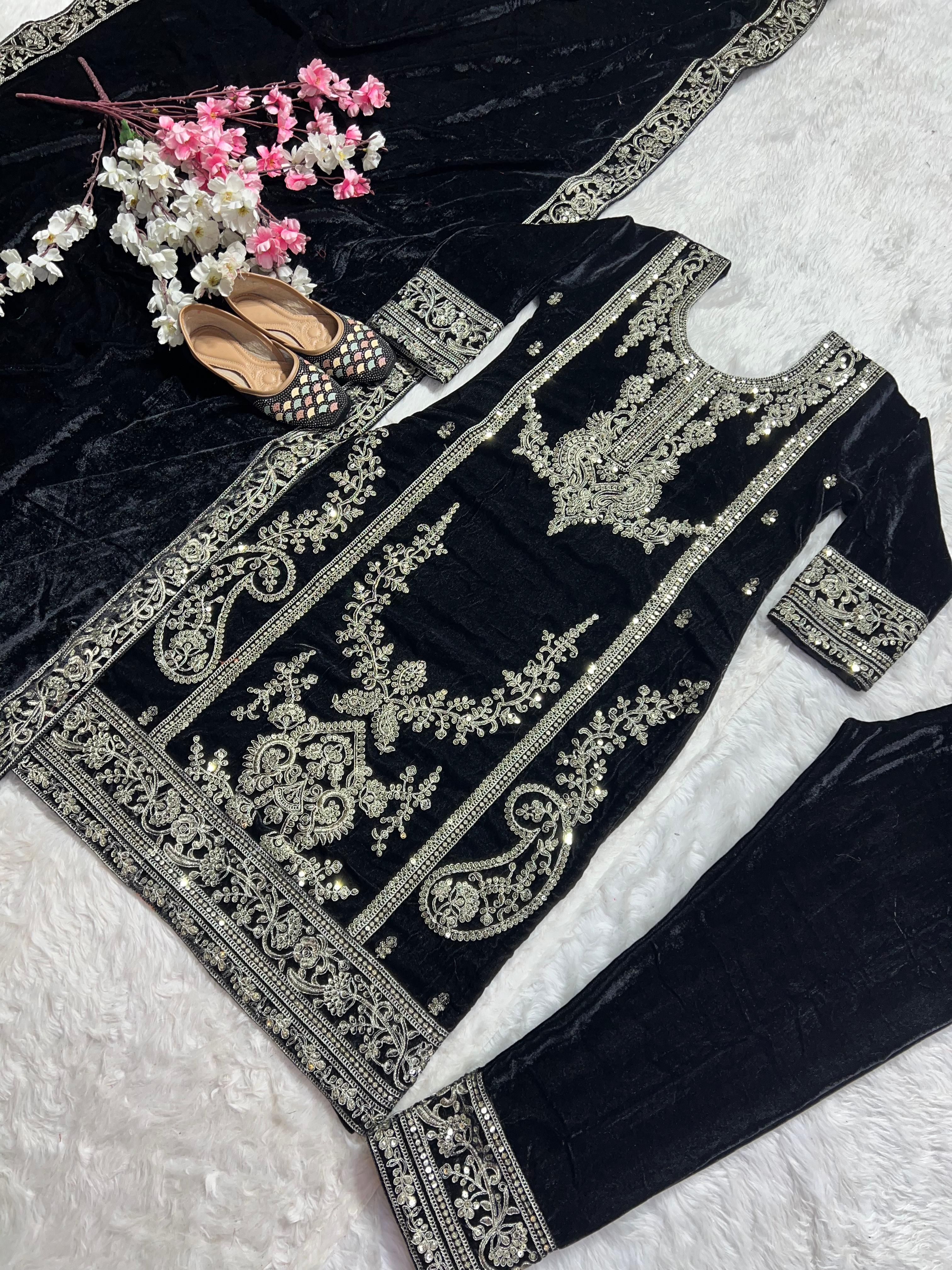 Embellished Black Color Pure Heavy Viscous Velvet With Heavy Embroidery Coding Sequence Work Salwar Suit