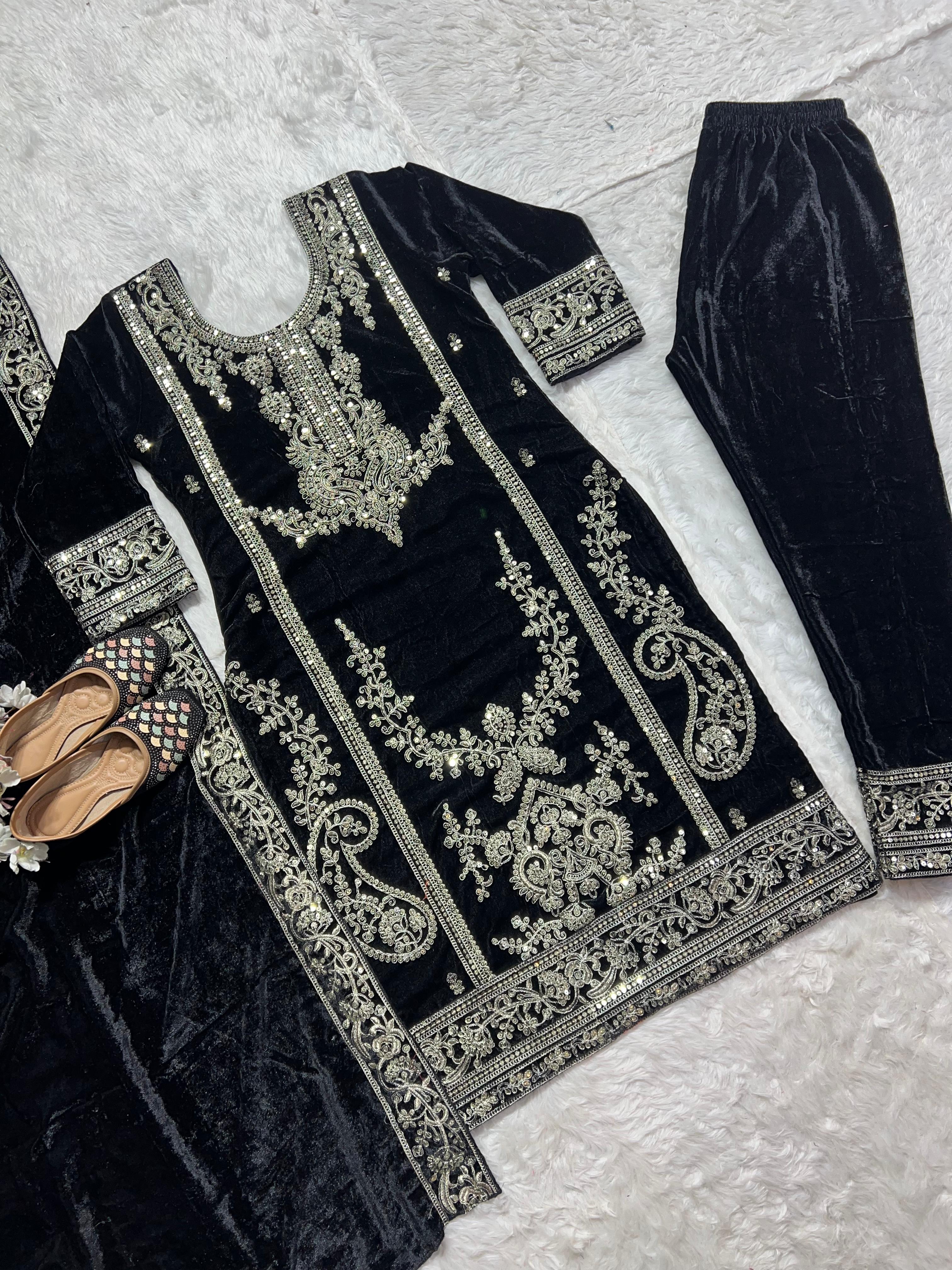 Embellished Black Color Pure Heavy Viscous Velvet With Heavy Embroidery Coding Sequence Work Salwar Suit