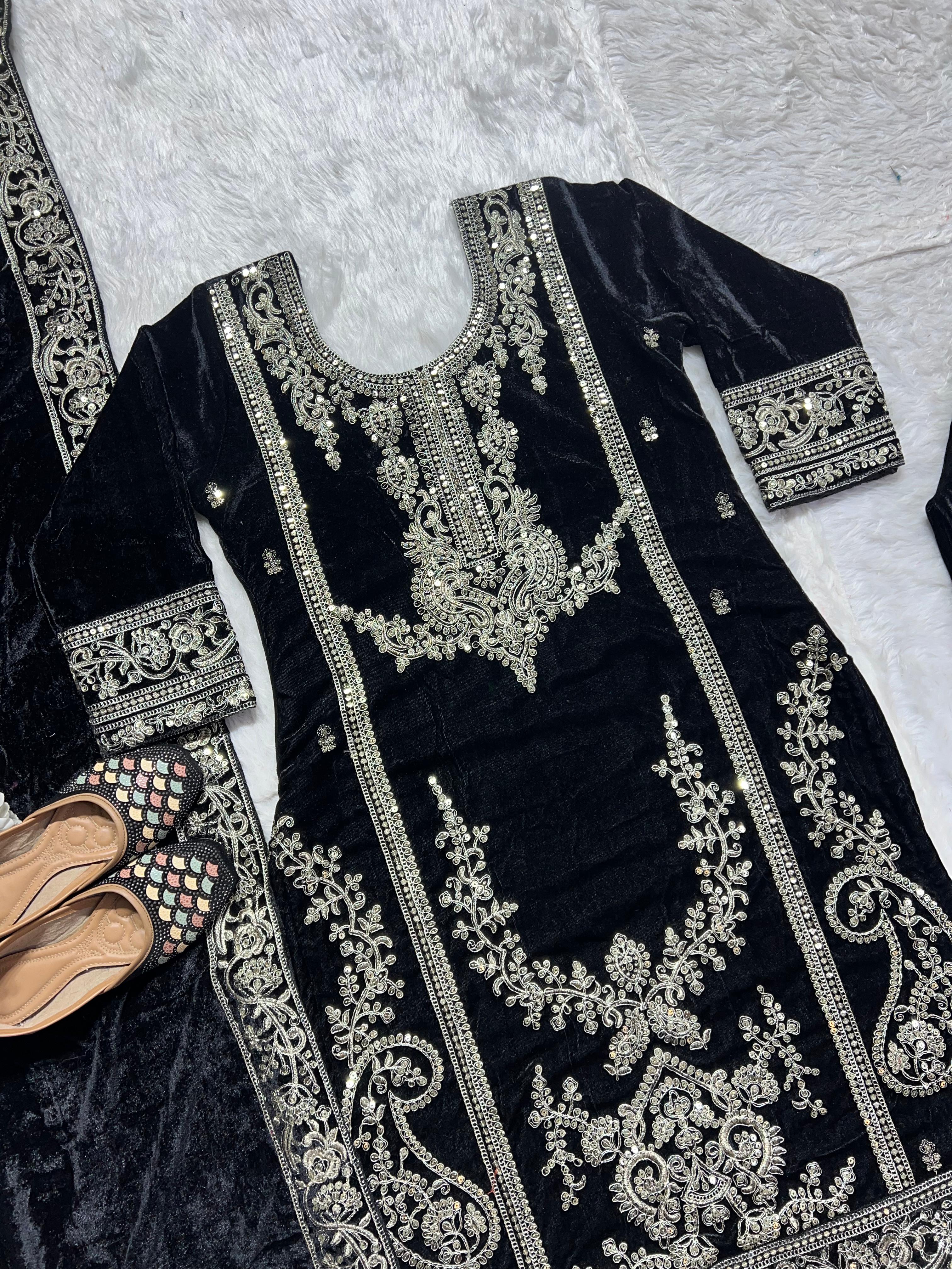 Embellished Black Color Pure Heavy Viscous Velvet With Heavy Embroidery Coding Sequence Work Salwar Suit