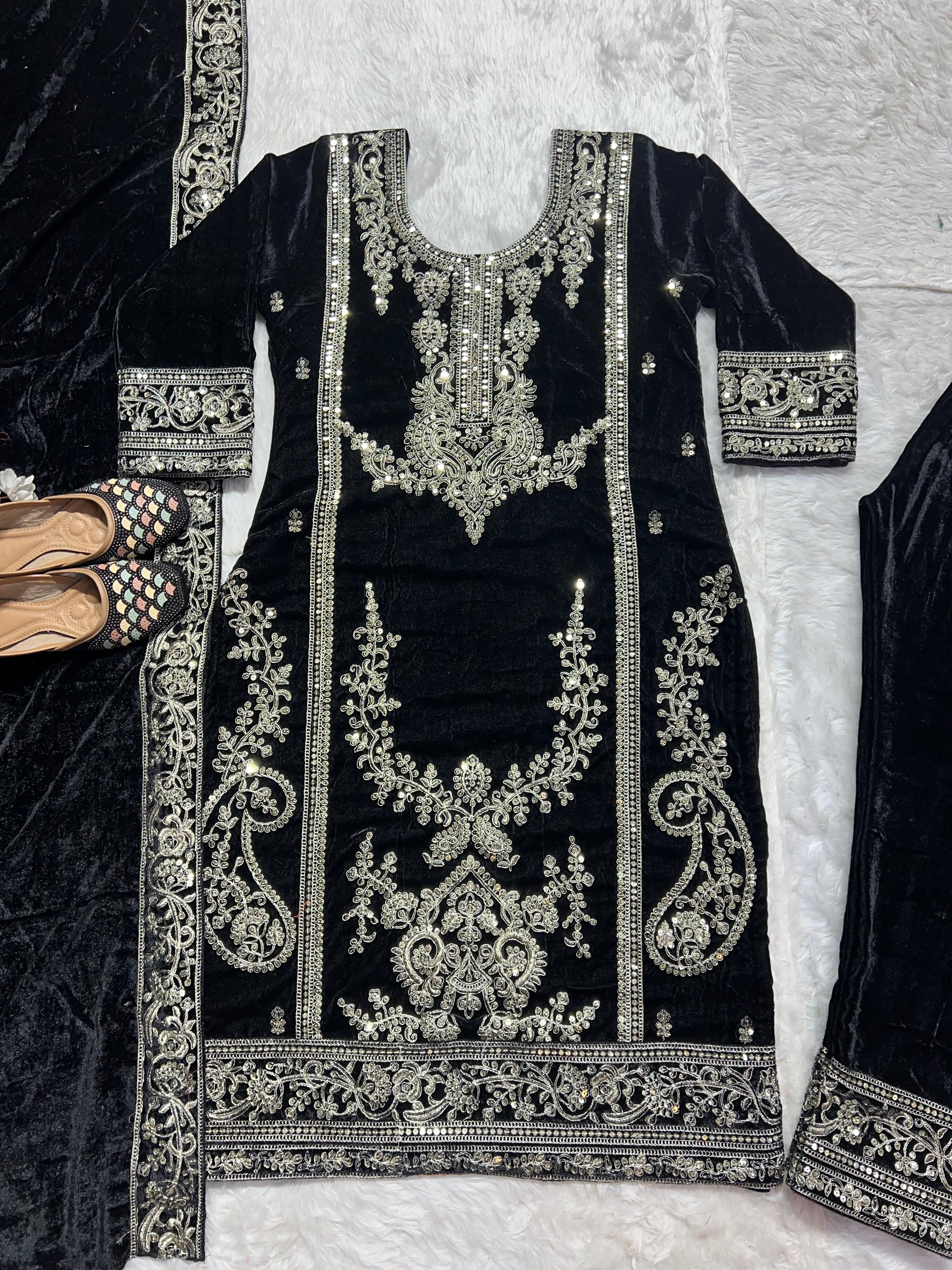 Embellished Black Color Pure Heavy Viscous Velvet With Heavy Embroidery Coding Sequence Work Salwar Suit