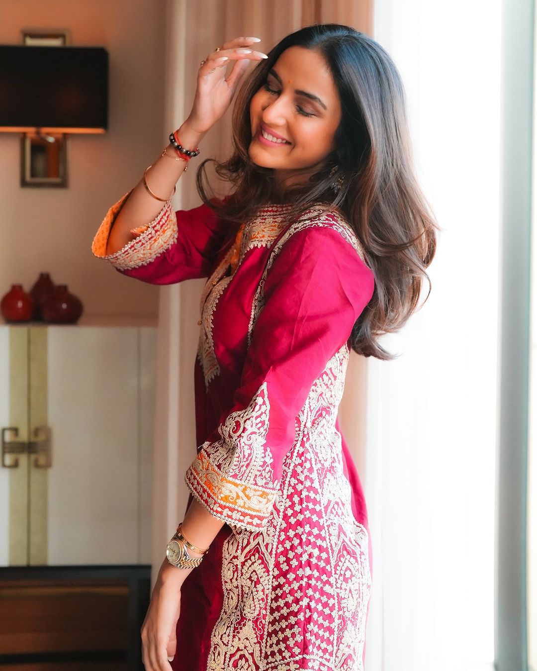 Exclusive Red Color Heavy Roman Silk Heavy Chine Stitch Work Designer Palazzo Suit