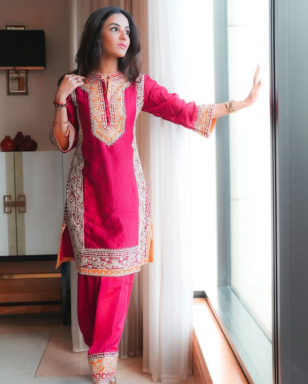 Exclusive Red Color Heavy Roman Silk Heavy Chine Stitch Work Designer Palazzo Suit