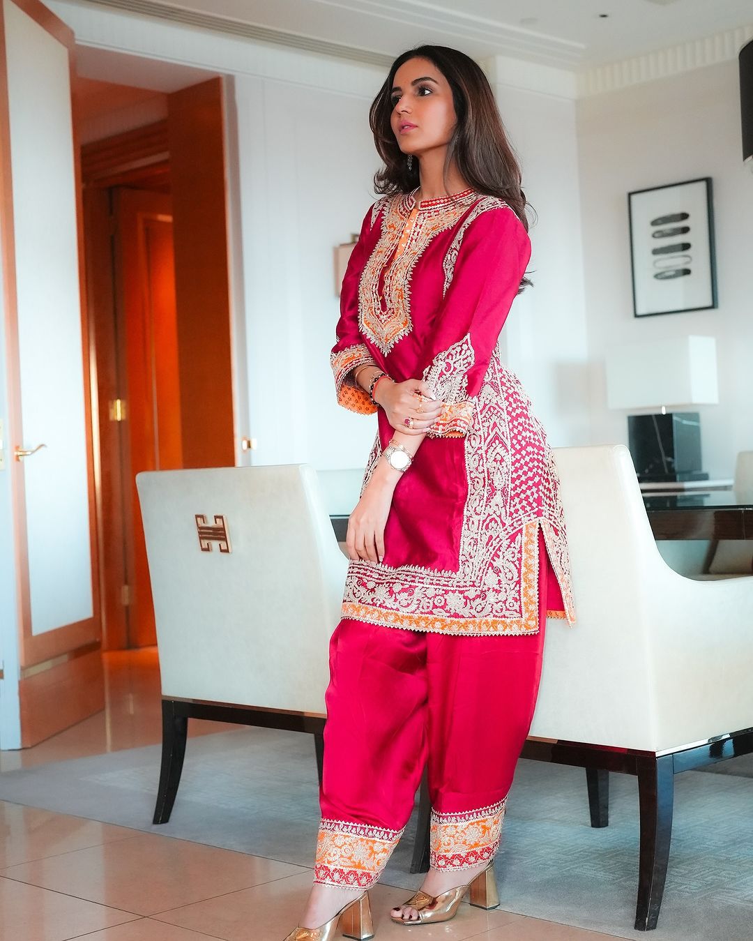 Exclusive Red Color Heavy Roman Silk Heavy Chine Stitch Work Designer Palazzo Suit