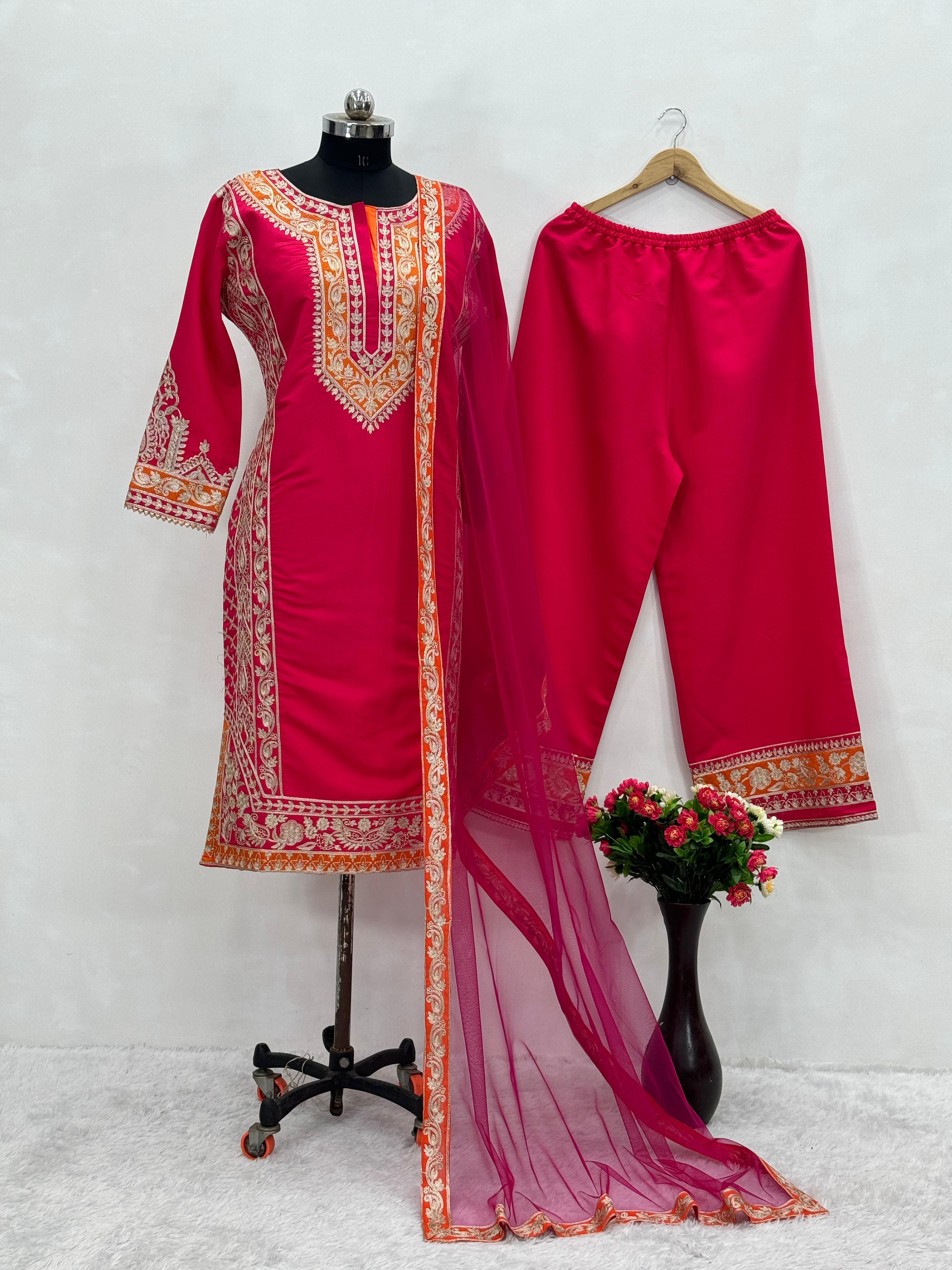 Exclusive Red Color Heavy Roman Silk Heavy Chine Stitch Work Designer Palazzo Suit
