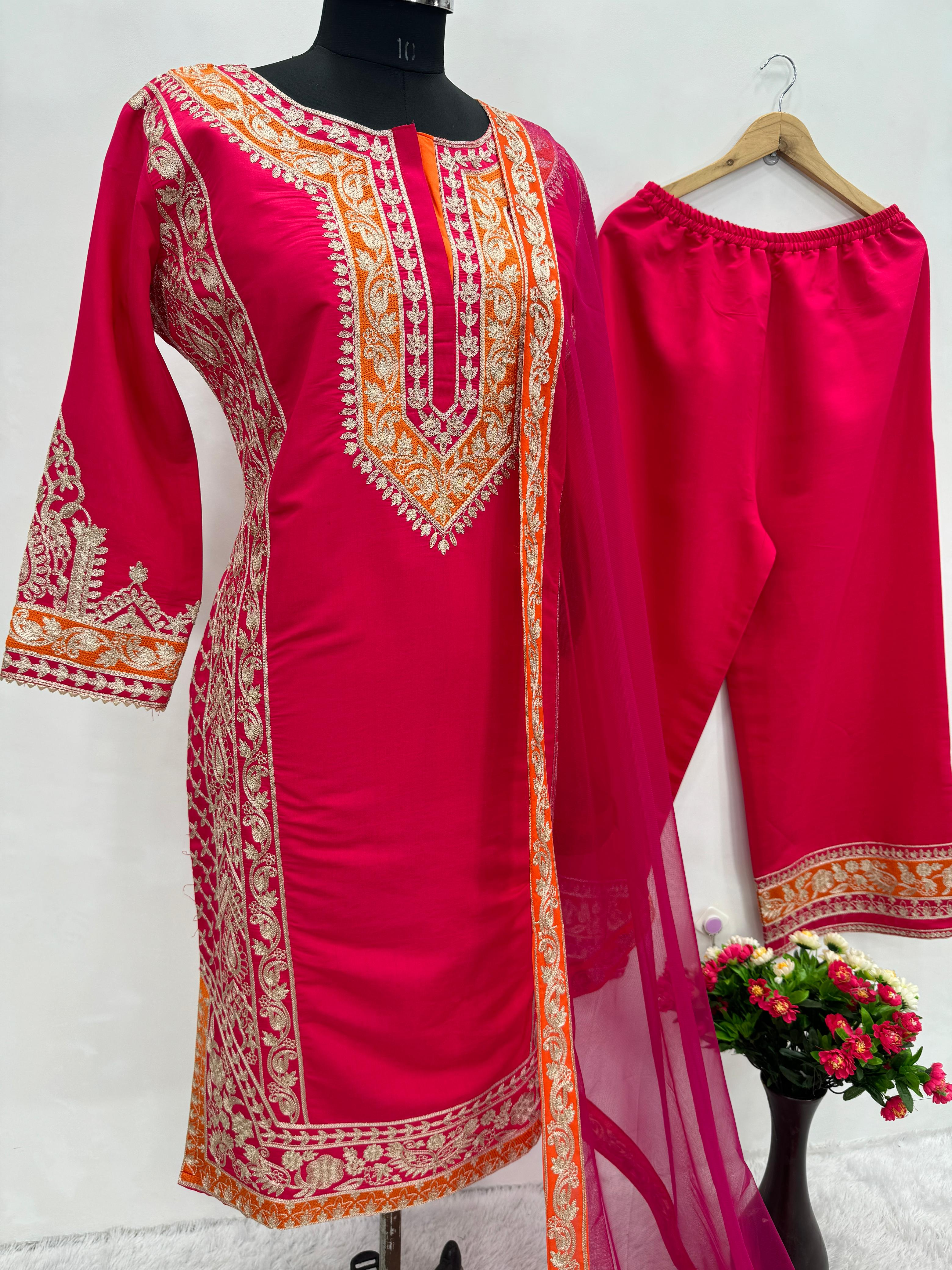 Exclusive Red Color Heavy Roman Silk Heavy Chine Stitch Work Designer Palazzo Suit