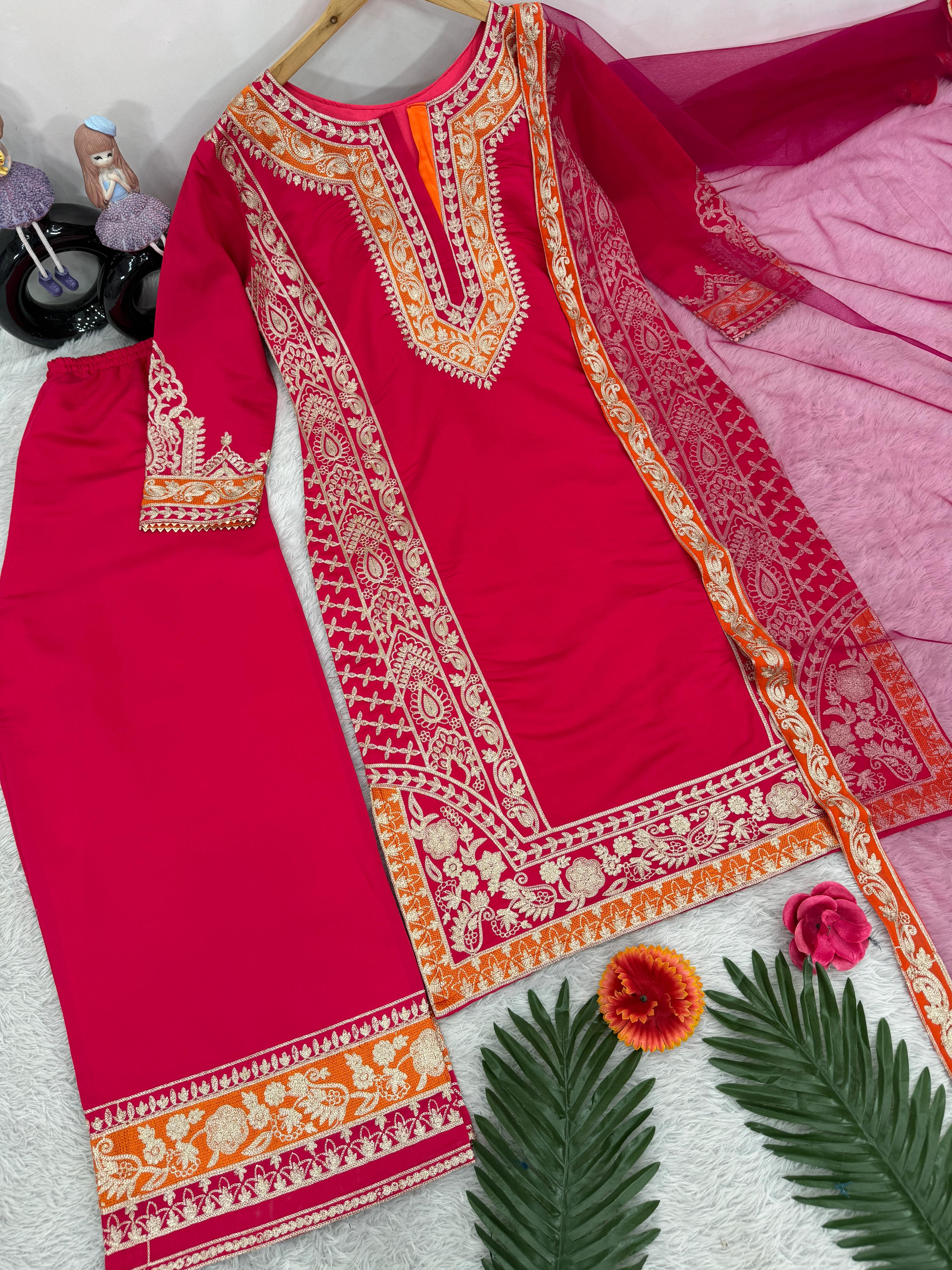 Exclusive Red Color Heavy Roman Silk Heavy Chine Stitch Work Designer Palazzo Suit