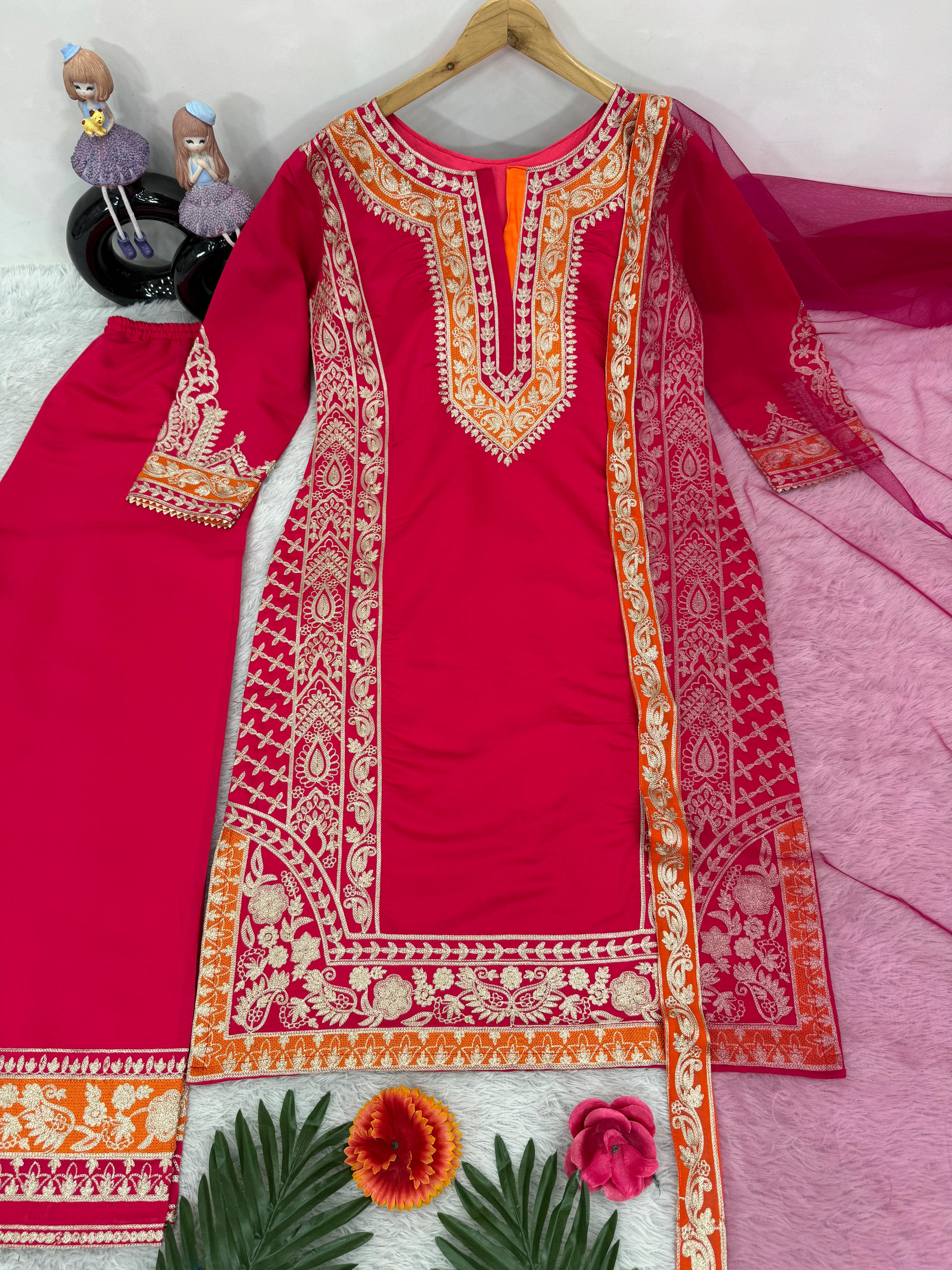 Exclusive Red Color Heavy Roman Silk Heavy Chine Stitch Work Designer Palazzo Suit