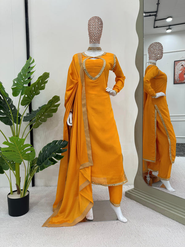 Exclusive Yellow Color Chinon Silk Thread With 9mm Sequence Work Salwar Suit