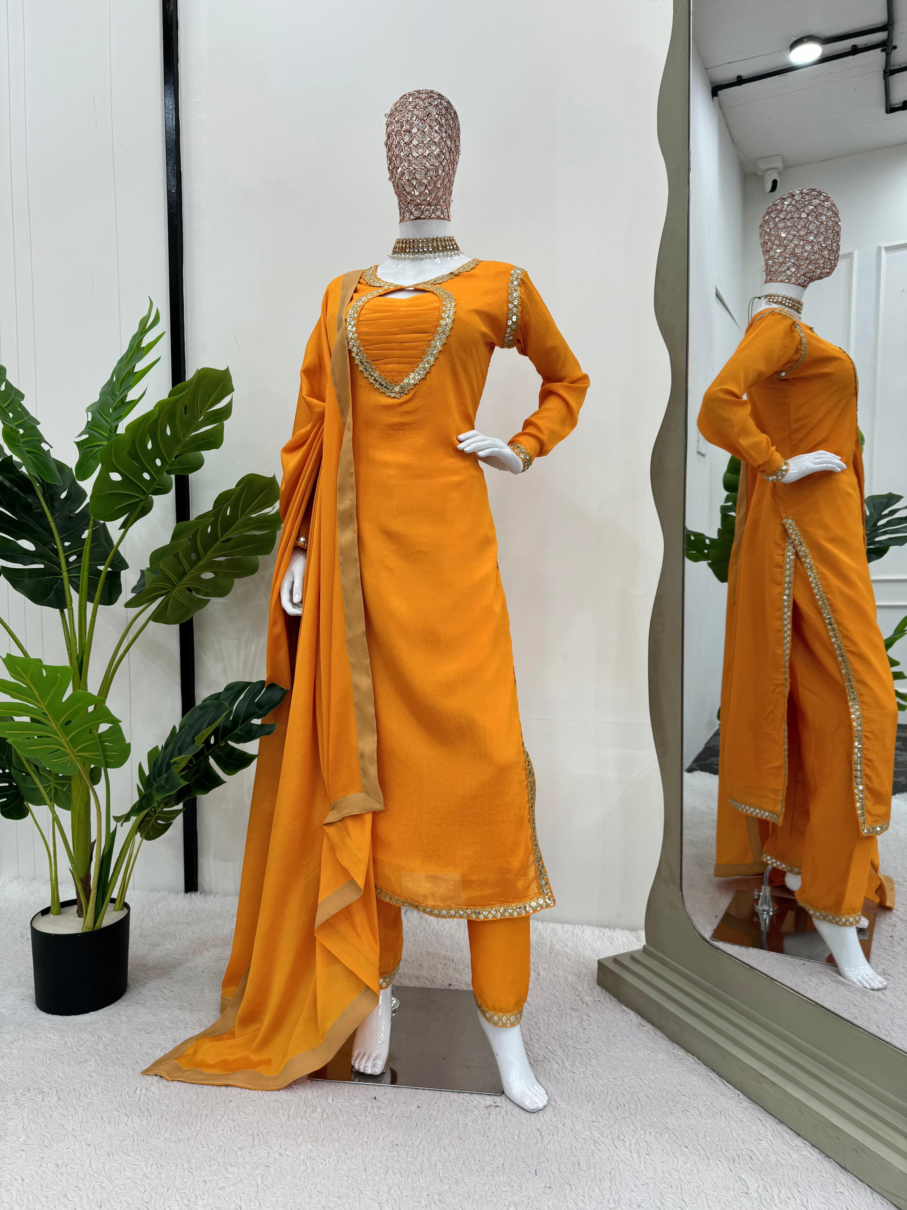 Exclusive Yellow Color Chinon Silk Thread With 9mm Sequence Work Salwar Suit