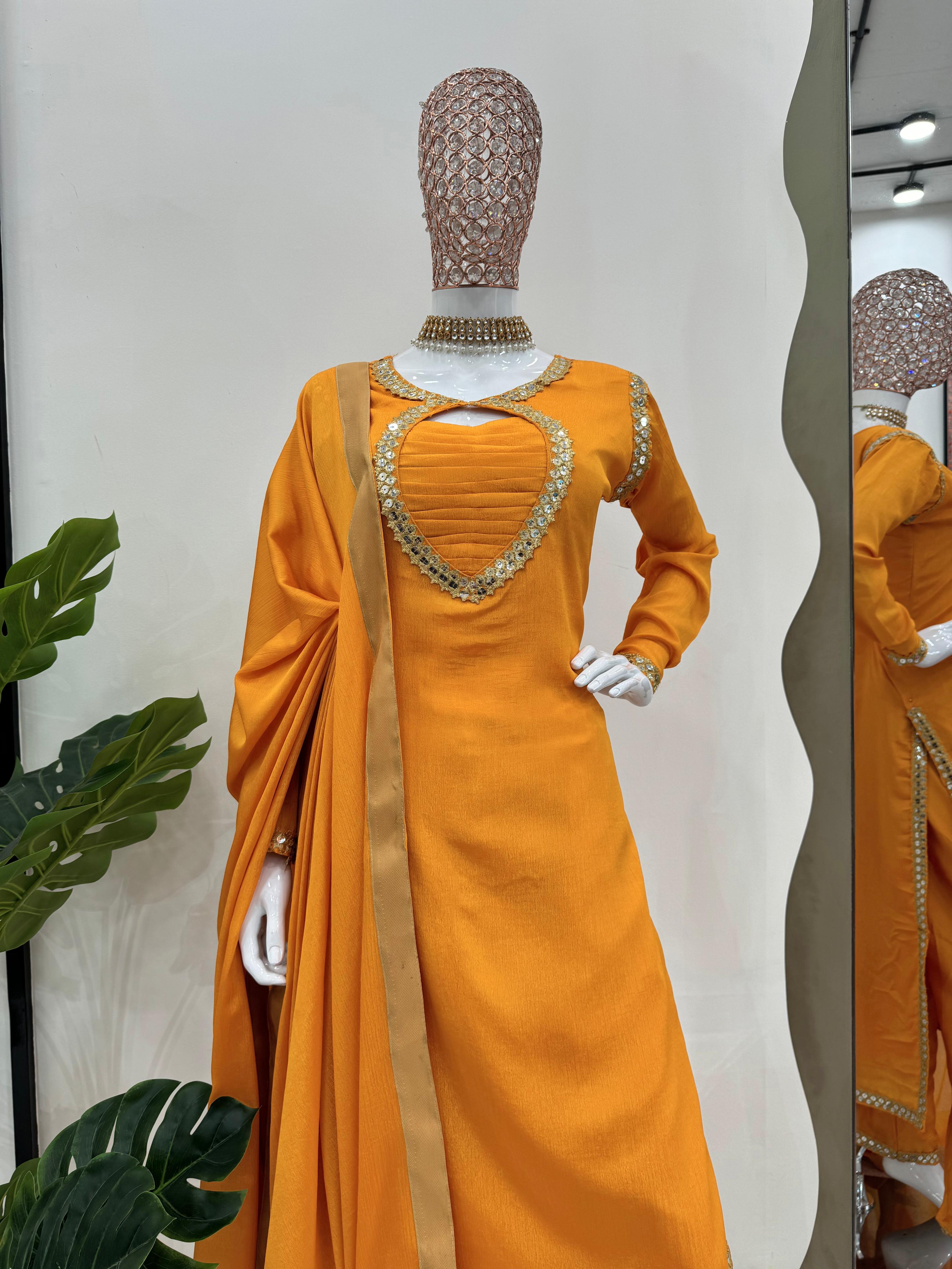 Exclusive Yellow Color Chinon Silk Thread With 9mm Sequence Work Salwar Suit