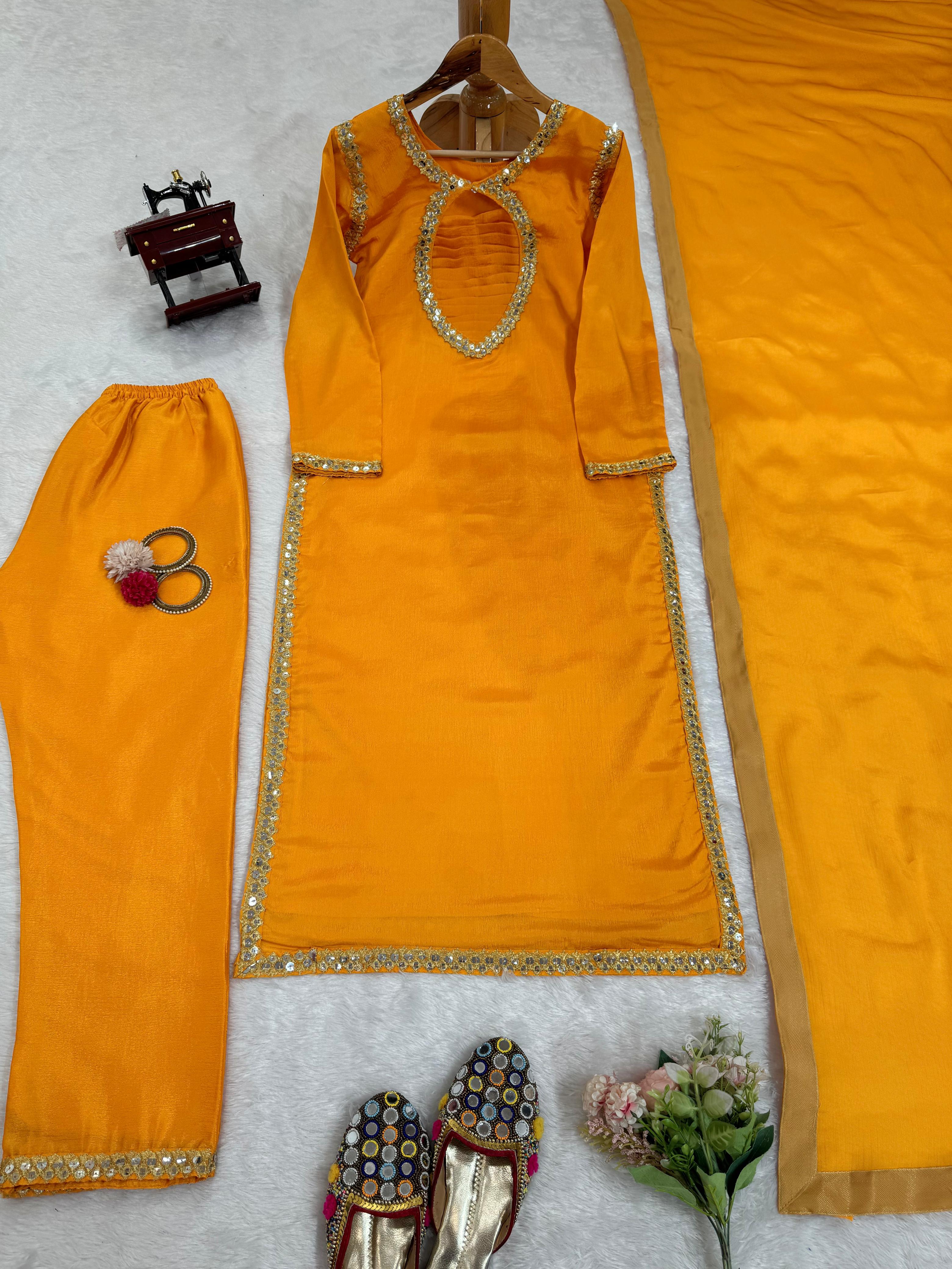 Exclusive Yellow Color Chinon Silk Thread With 9mm Sequence Work Salwar Suit