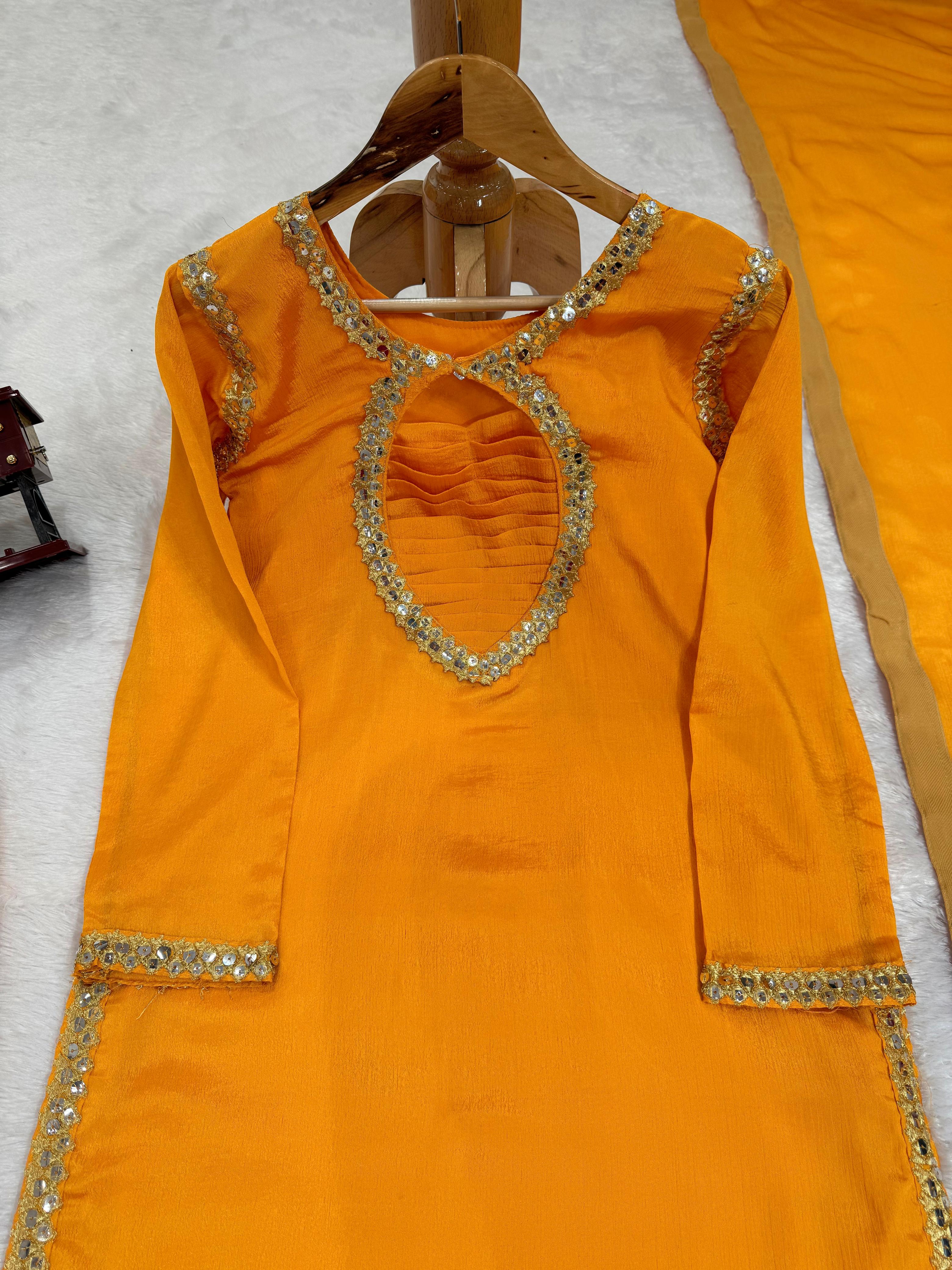 Exclusive Yellow Color Chinon Silk Thread With 9mm Sequence Work Salwar Suit
