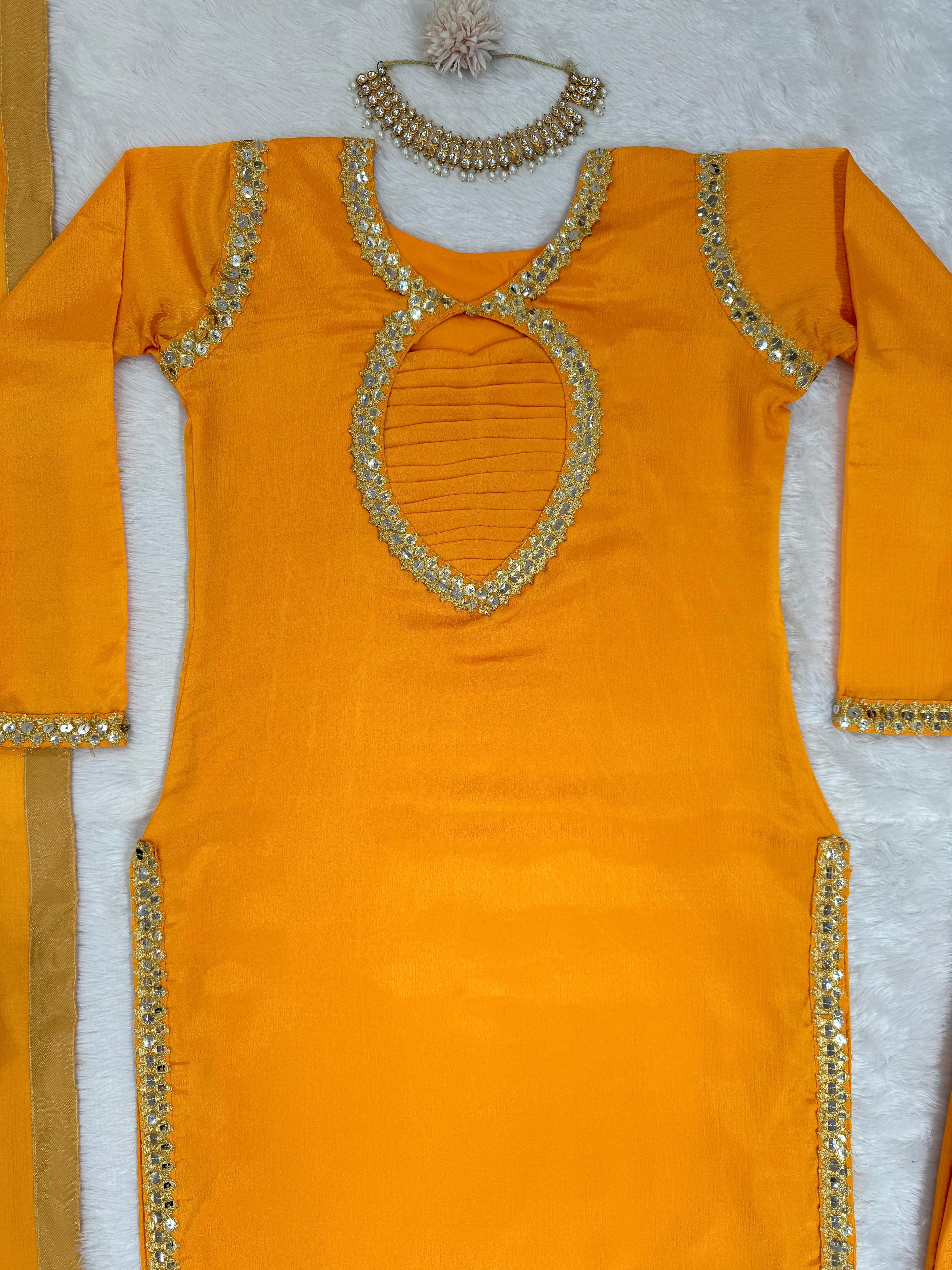 Exclusive Yellow Color Chinon Silk Thread With 9mm Sequence Work Salwar Suit