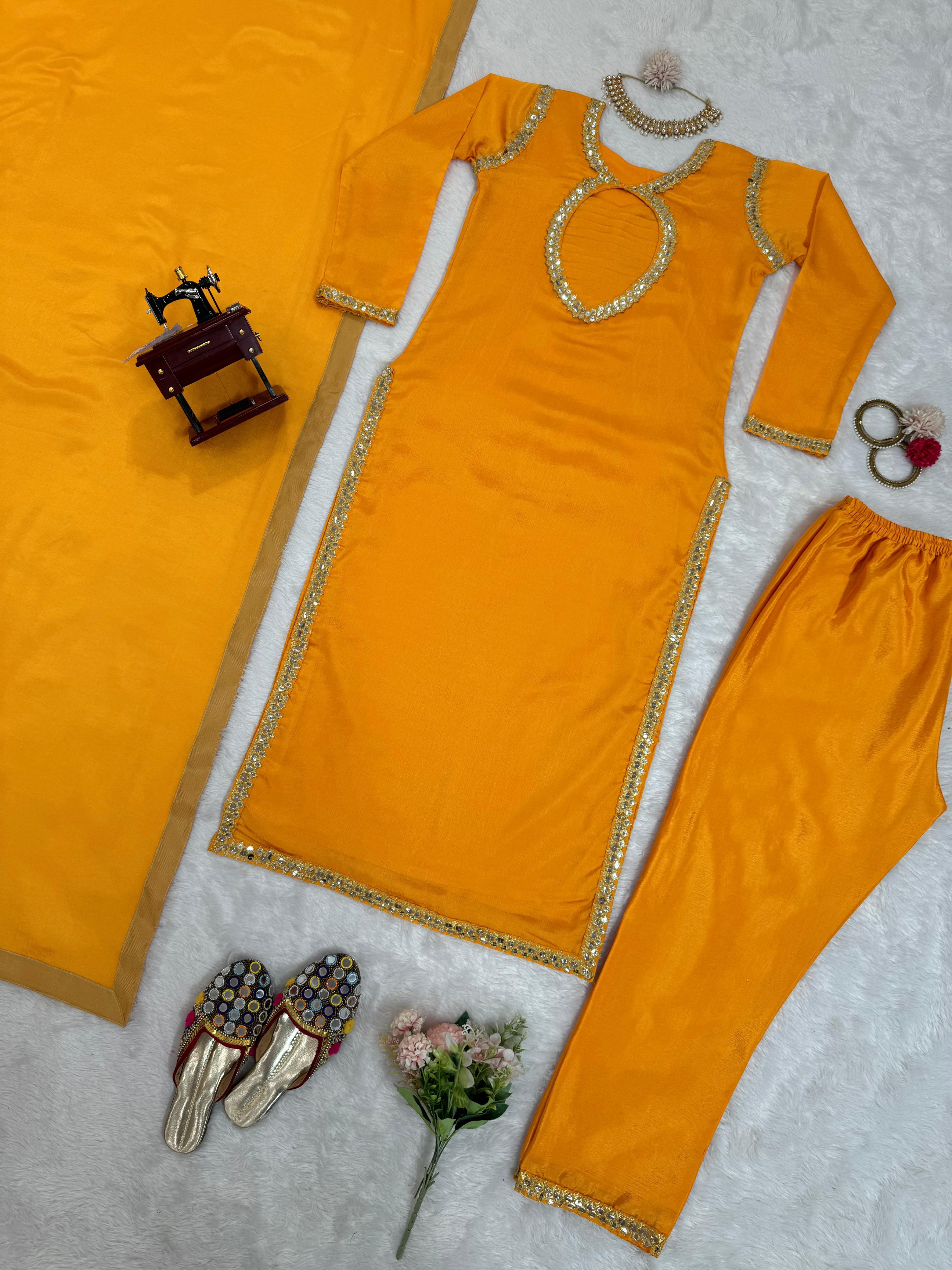 Exclusive Yellow Color Chinon Silk Thread With 9mm Sequence Work Salwar Suit