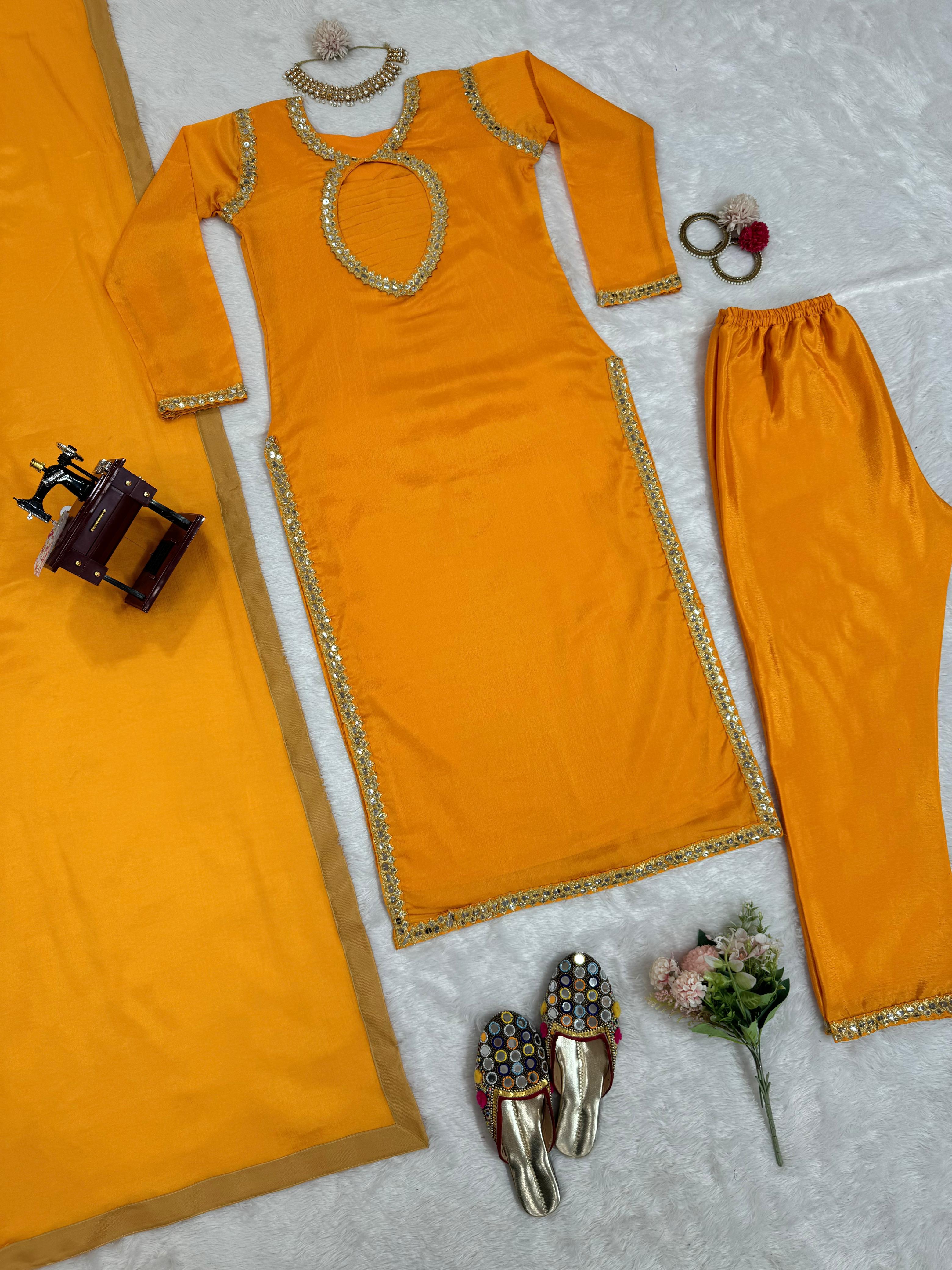 Exclusive Yellow Color Chinon Silk Thread With 9mm Sequence Work Salwar Suit
