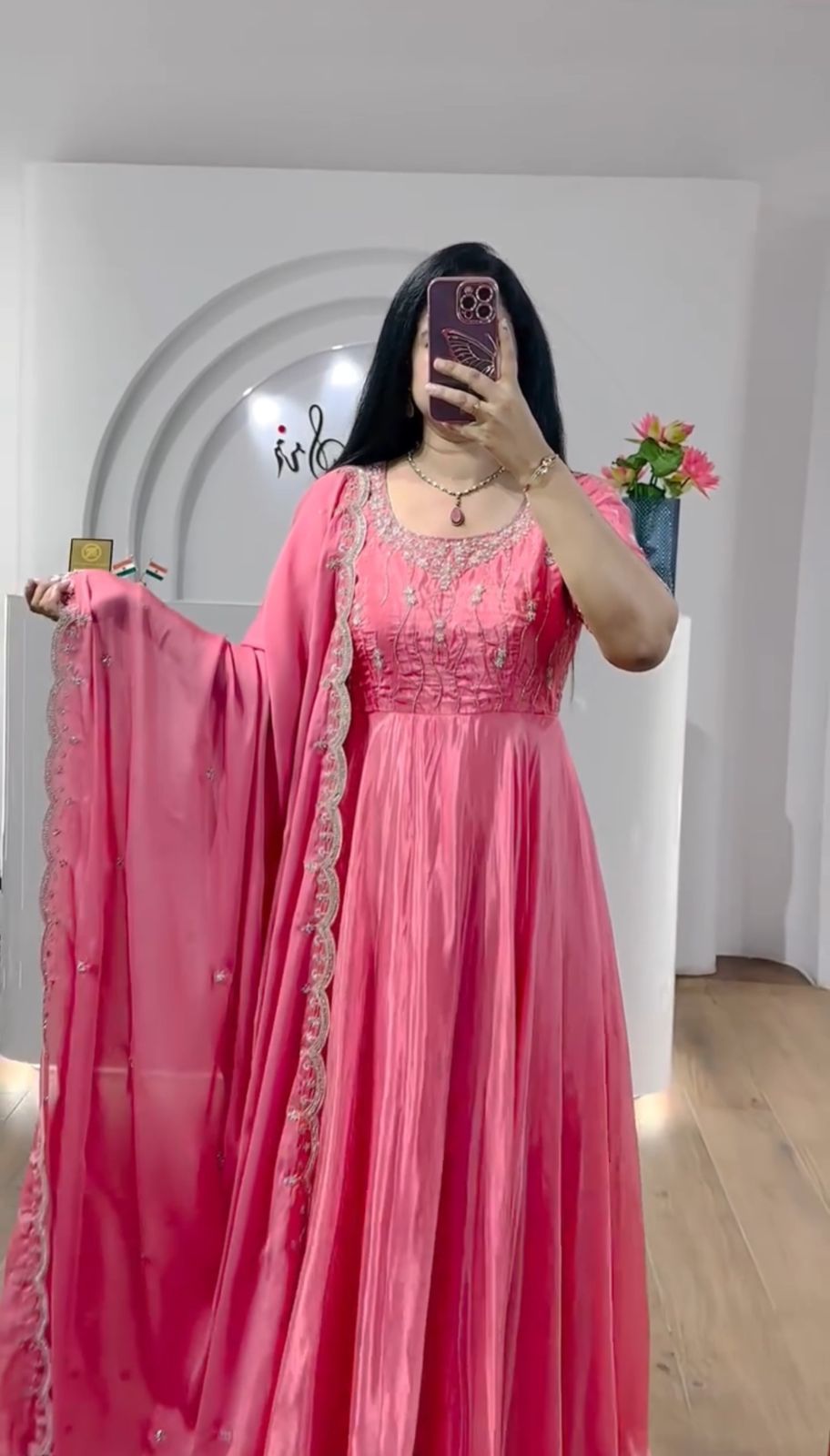 Festive Wear Peach Color Chinon Heavy Embroidery Sequence Work Gown
