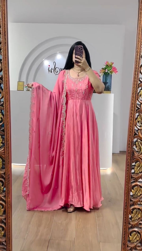 Festive Wear Peach Color Chinon Heavy Embroidery Sequence Work Gown