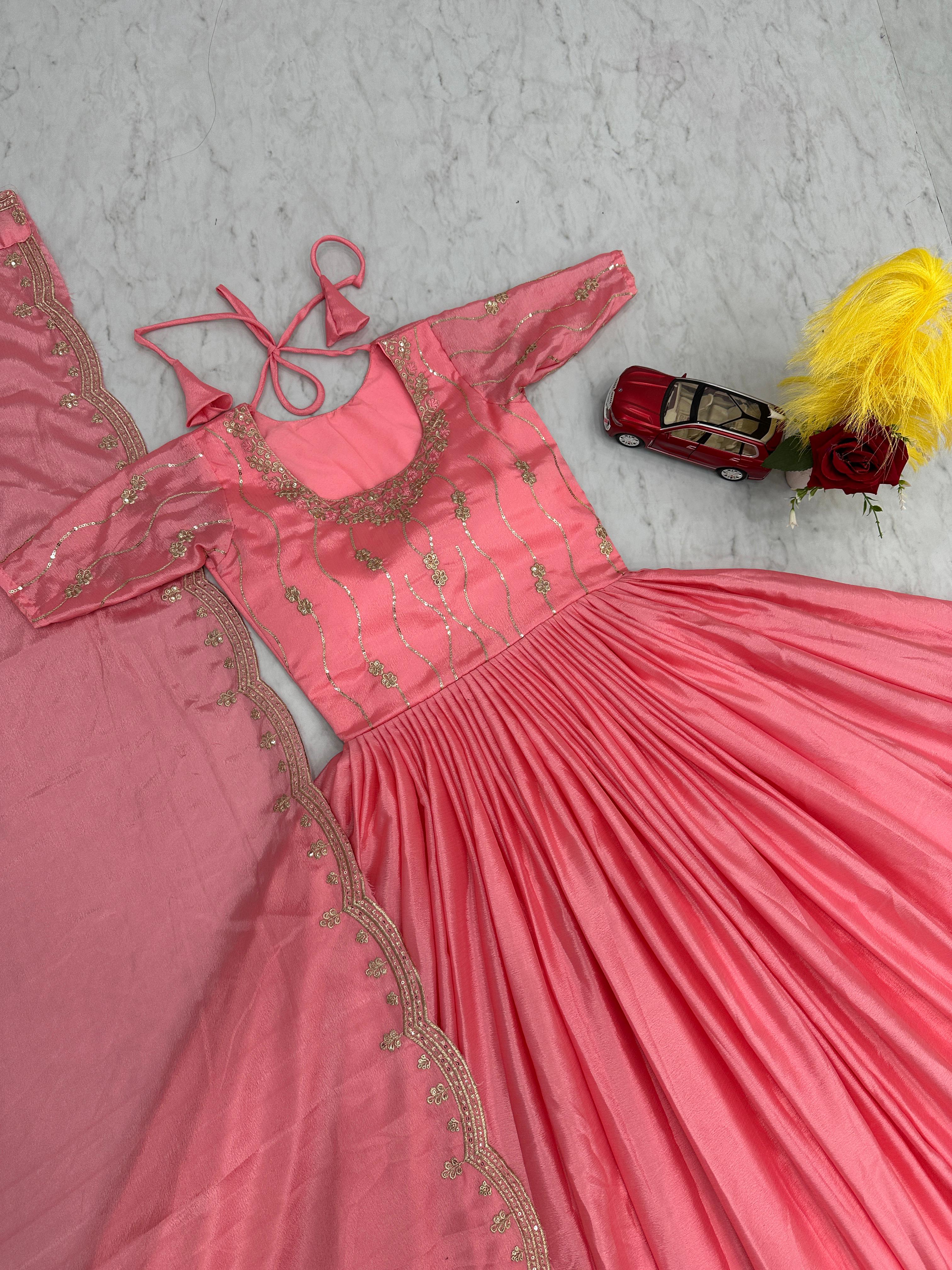 Festive Wear Peach Color Chinon Heavy Embroidery Sequence Work Gown