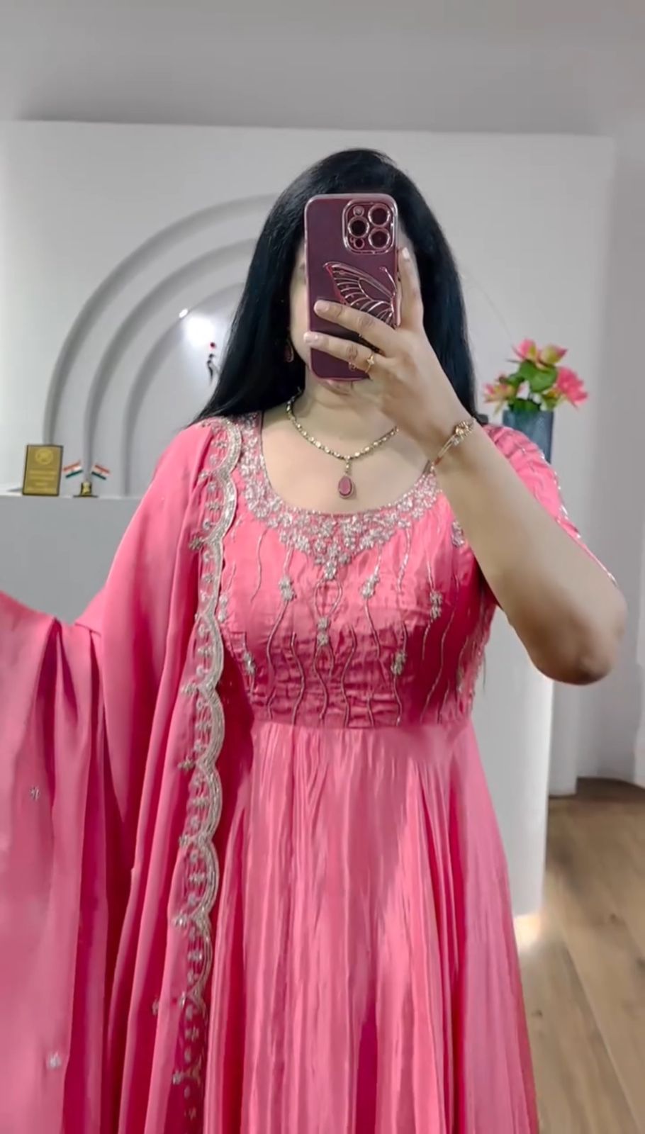 Festive Wear Peach Color Chinon Heavy Embroidery Sequence Work Gown