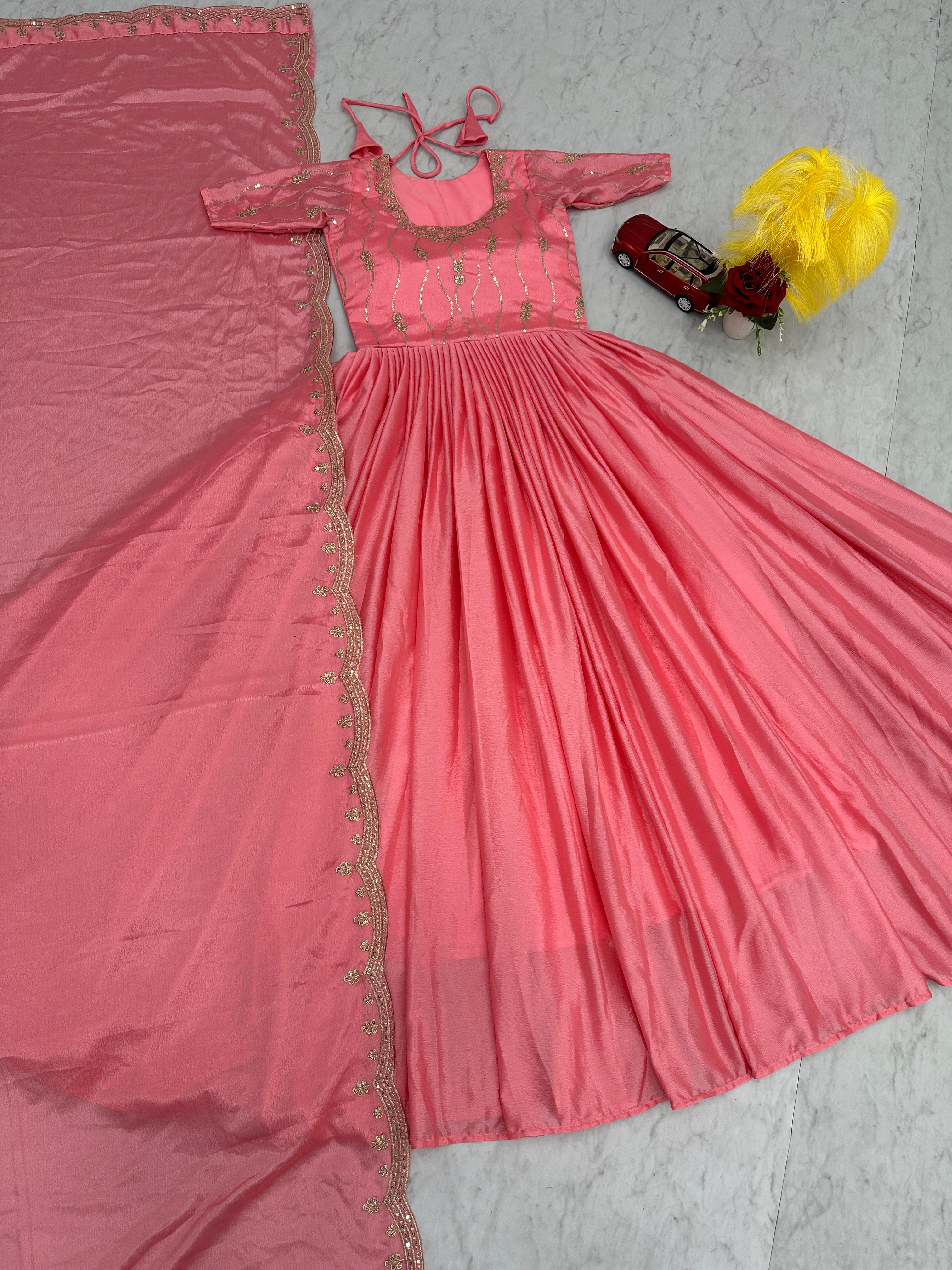 Festive Wear Peach Color Chinon Heavy Embroidery Sequence Work Gown