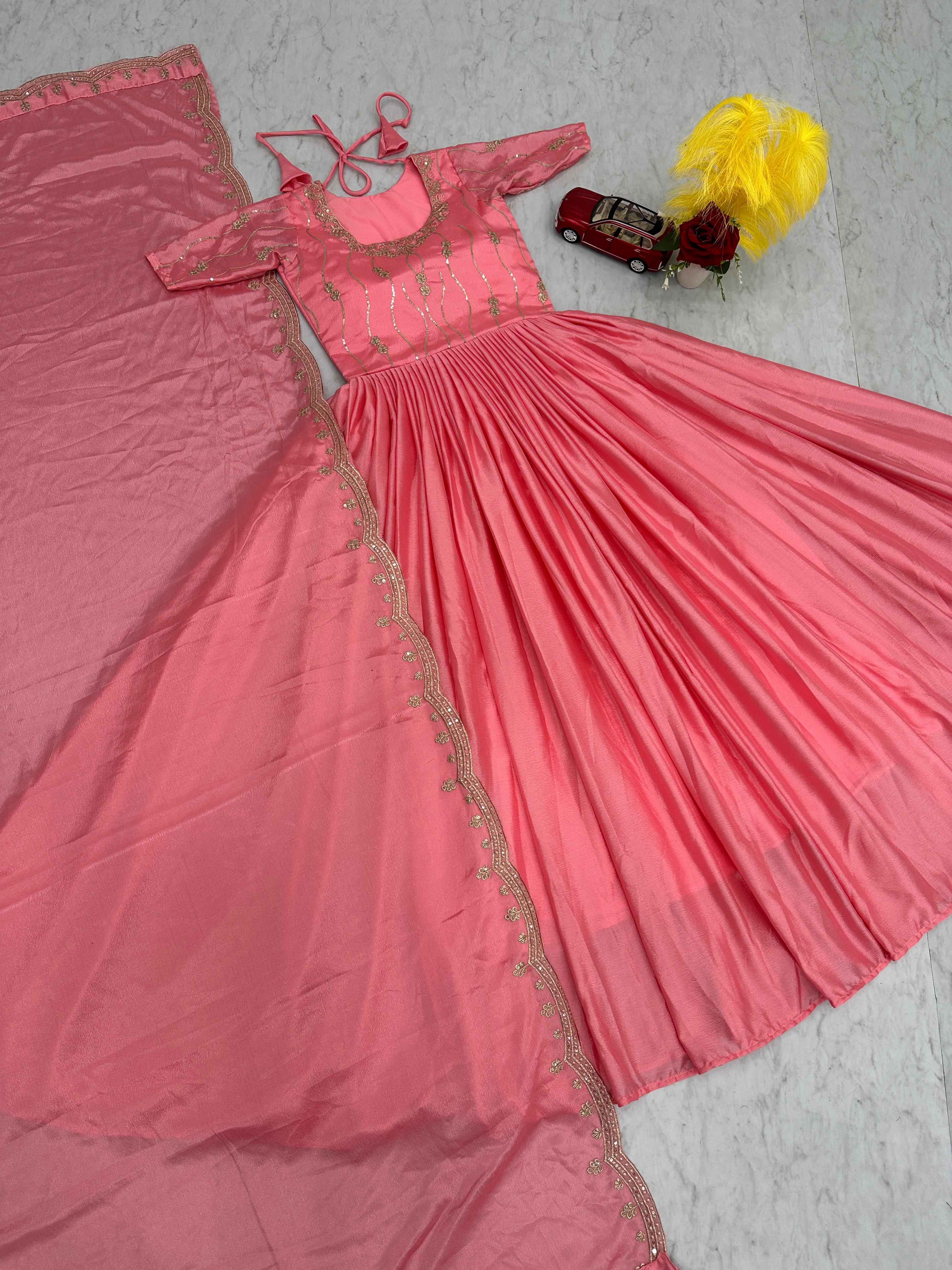Festive Wear Peach Color Chinon Heavy Embroidery Sequence Work Gown