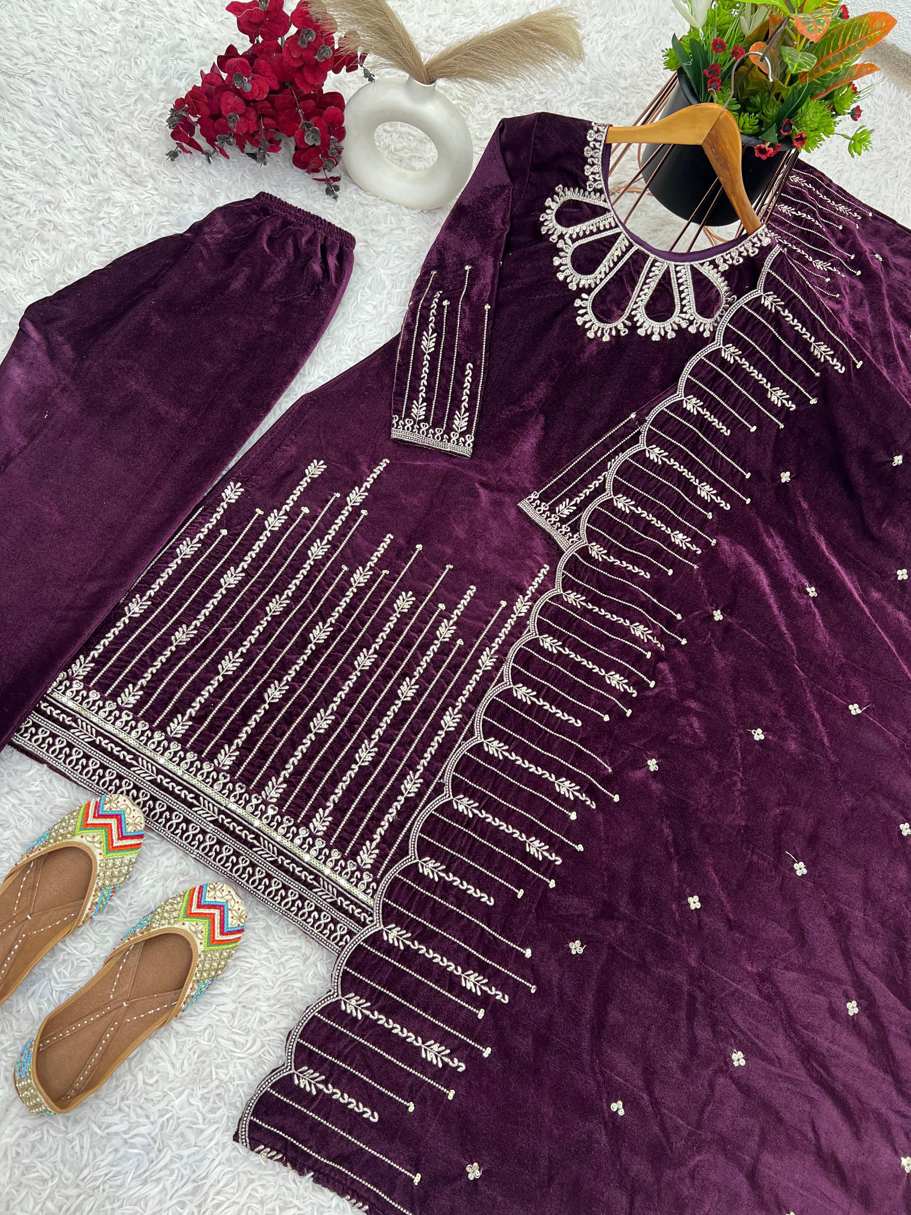 Stylish Wine Color Heavy Viscose Velvet With Heavy Embroidery Sequence Work Designer Salwar Suit