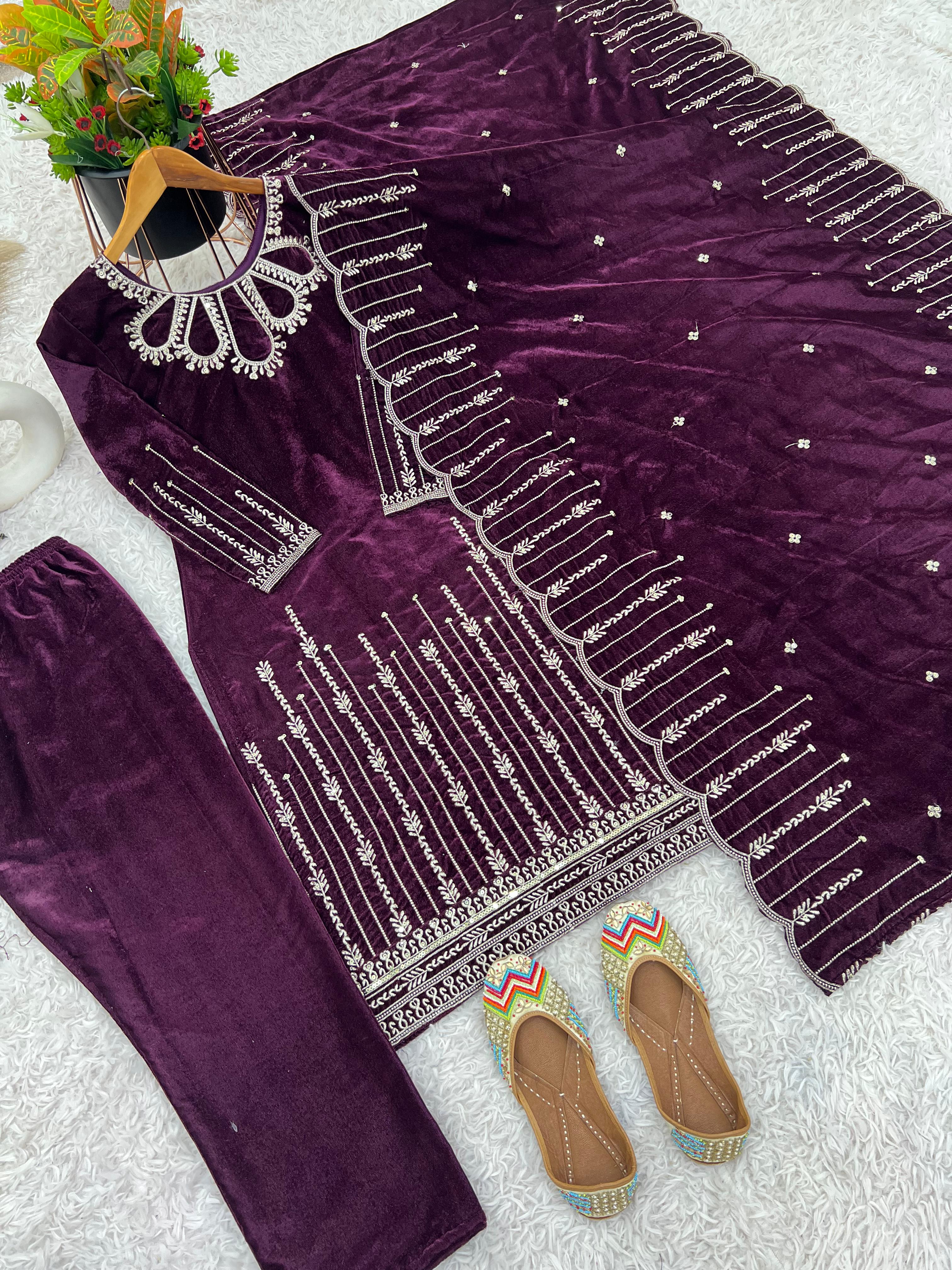 Stylish Wine Color Heavy Viscose Velvet With Heavy Embroidery Sequence Work Designer Salwar Suit