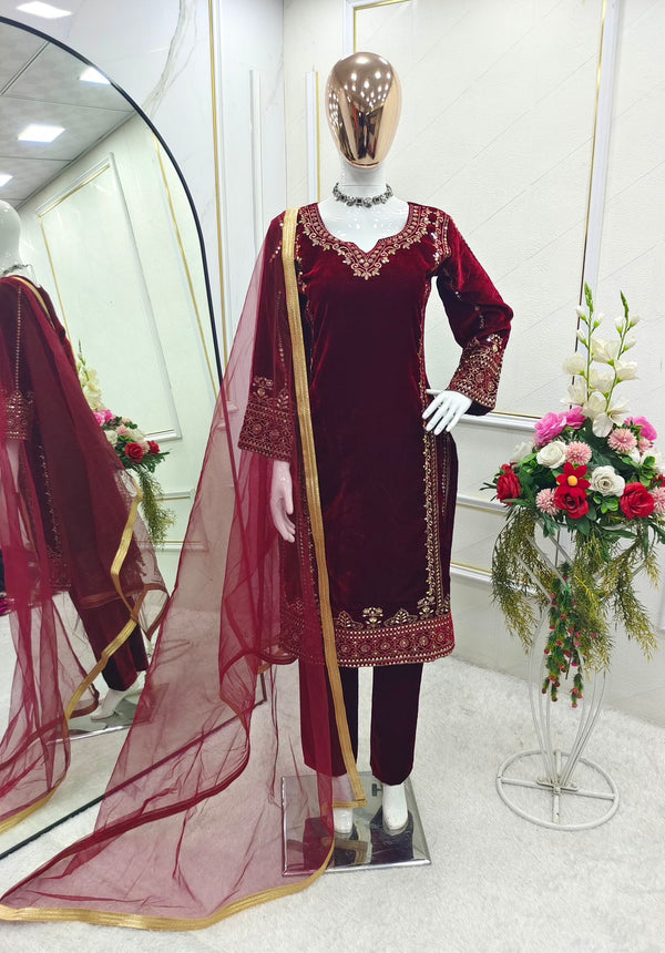 Fashionable Maroon Color Pure 9000 Viscous Velvet With Heavy Embroidery 5mm Sequence Work Velvet Suit