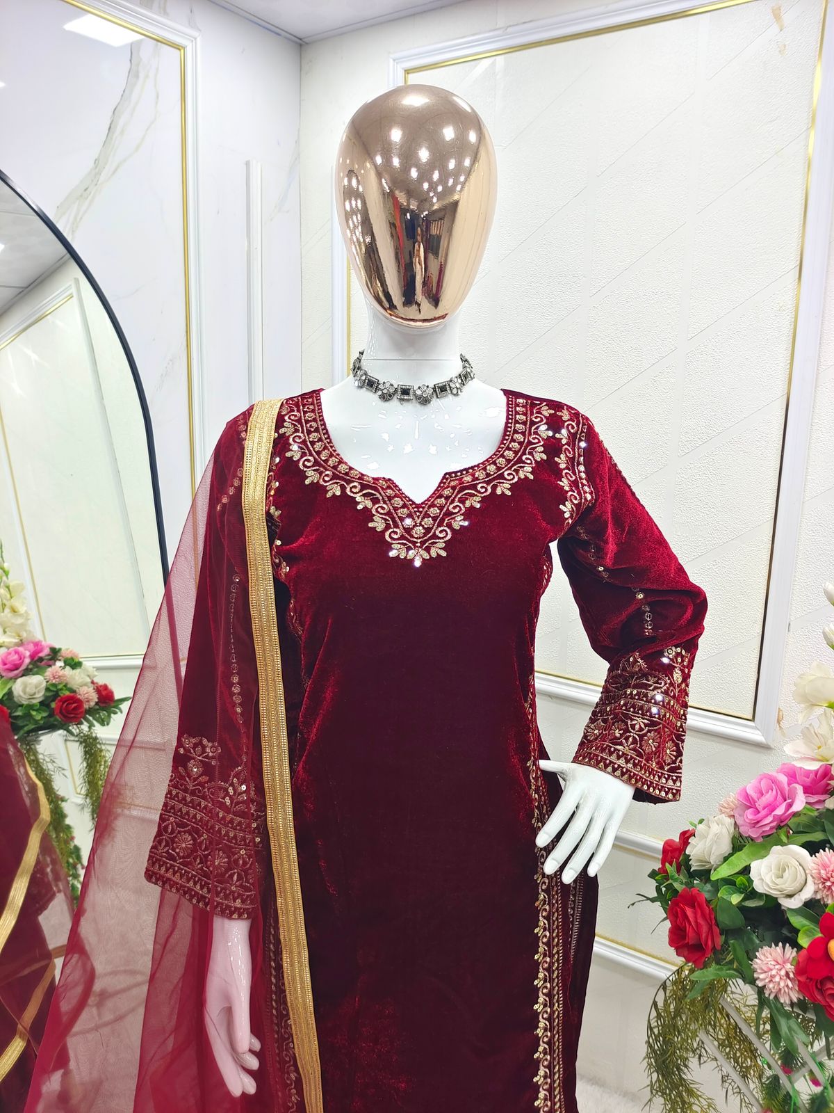 Fashionable Maroon Color Pure 9000 Viscous Velvet With Heavy Embroidery 5mm Sequence Work Velvet Suit