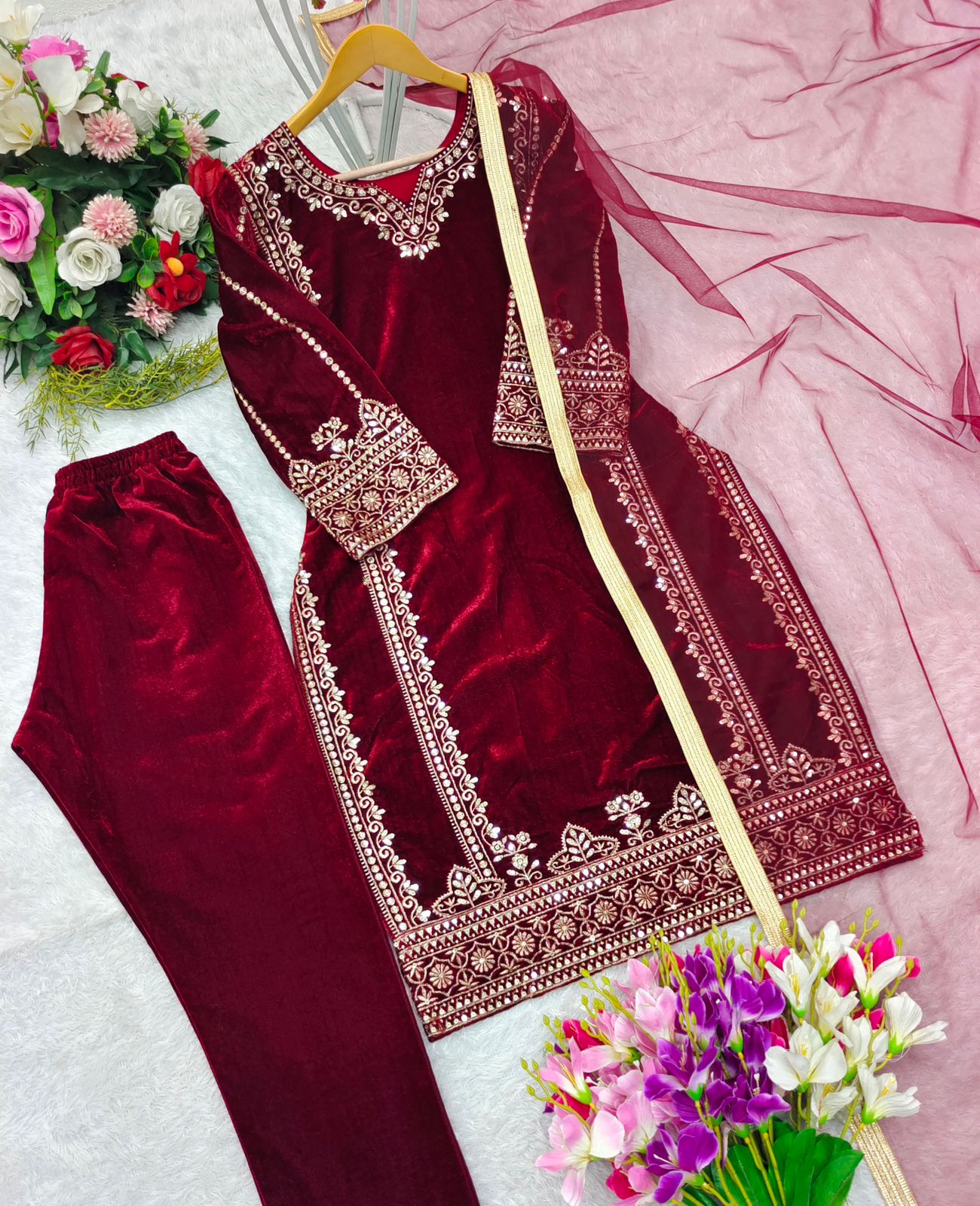 Fashionable Maroon Color Pure 9000 Viscous Velvet With Heavy Embroidery 5mm Sequence Work Velvet Suit