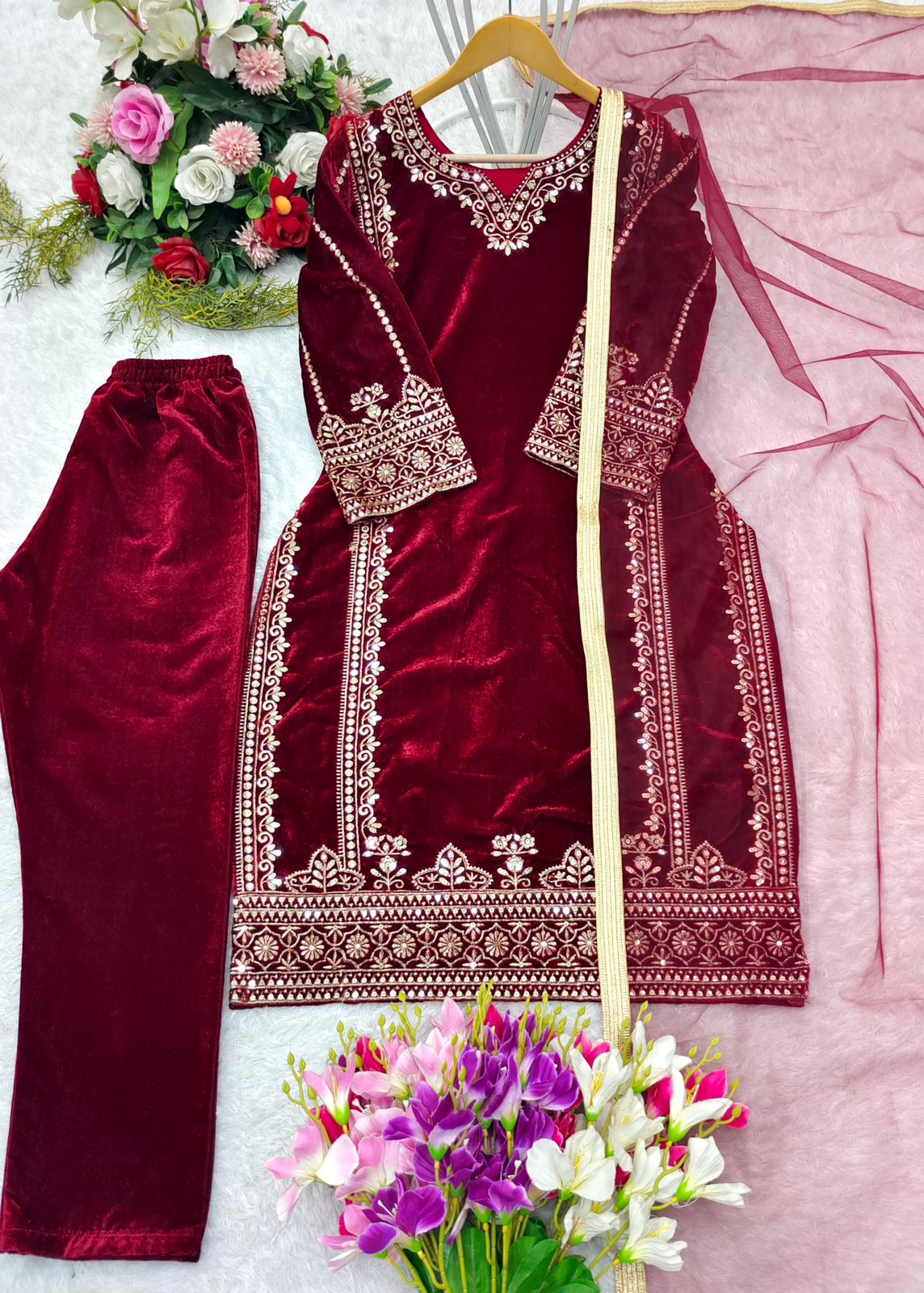 Fashionable Maroon Color Pure 9000 Viscous Velvet With Heavy Embroidery 5mm Sequence Work Velvet Suit