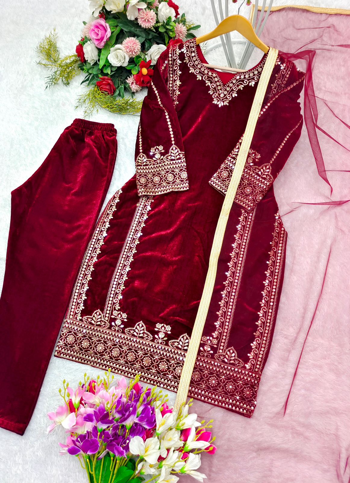 Fashionable Maroon Color Pure 9000 Viscous Velvet With Heavy Embroidery 5mm Sequence Work Velvet Suit