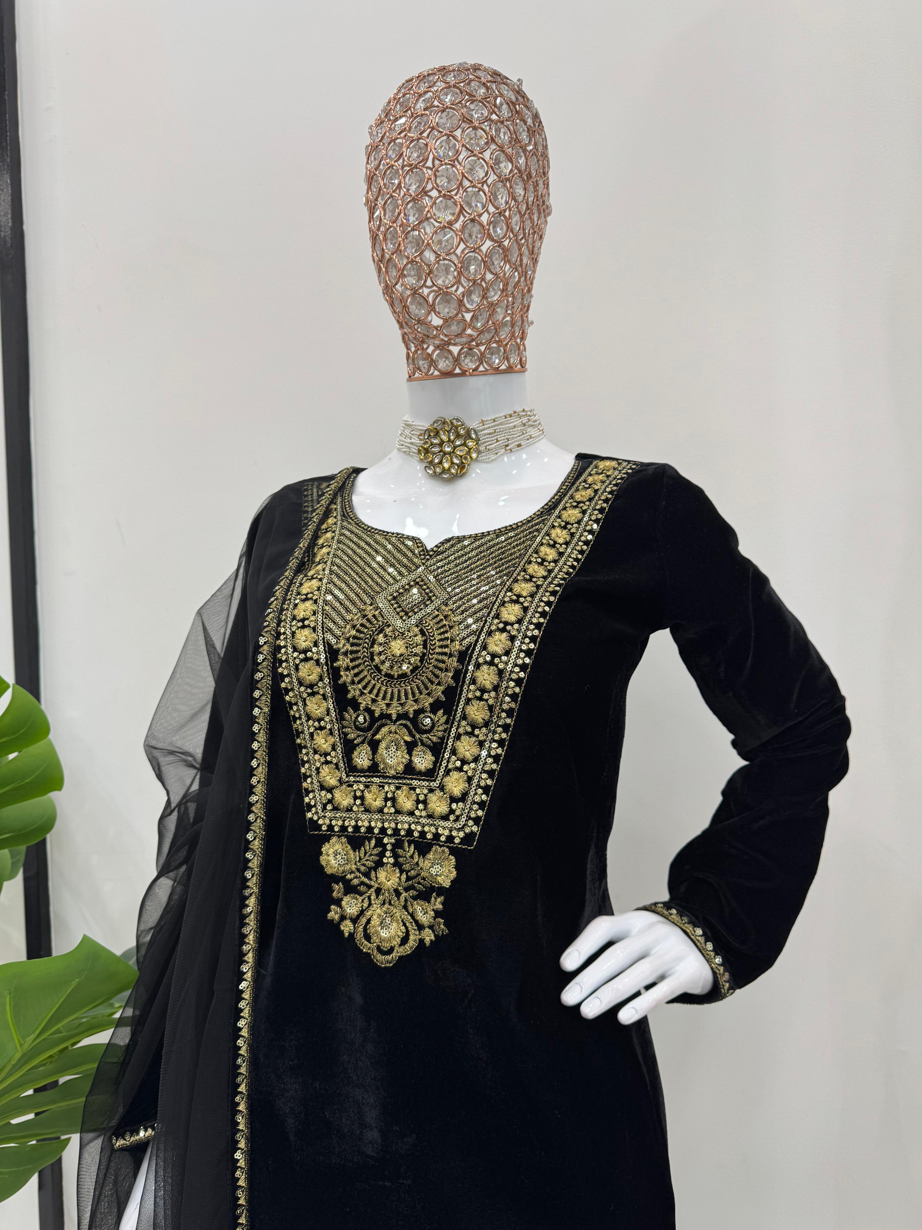 Attractive Viscos Velvet Black Color Thread With Sequence Work Salwar Suit