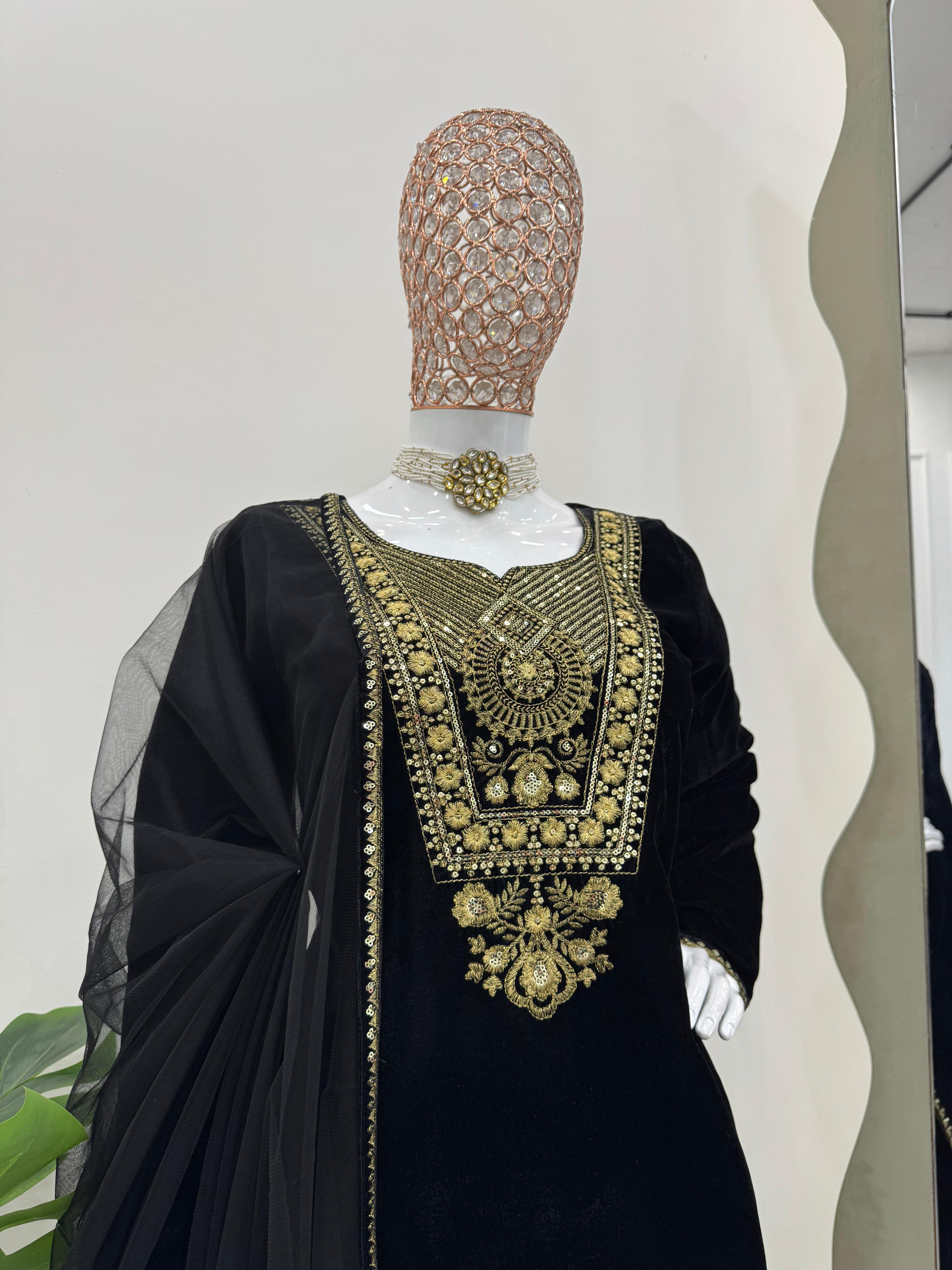 Attractive Viscos Velvet Black Color Thread With Sequence Work Salwar Suit