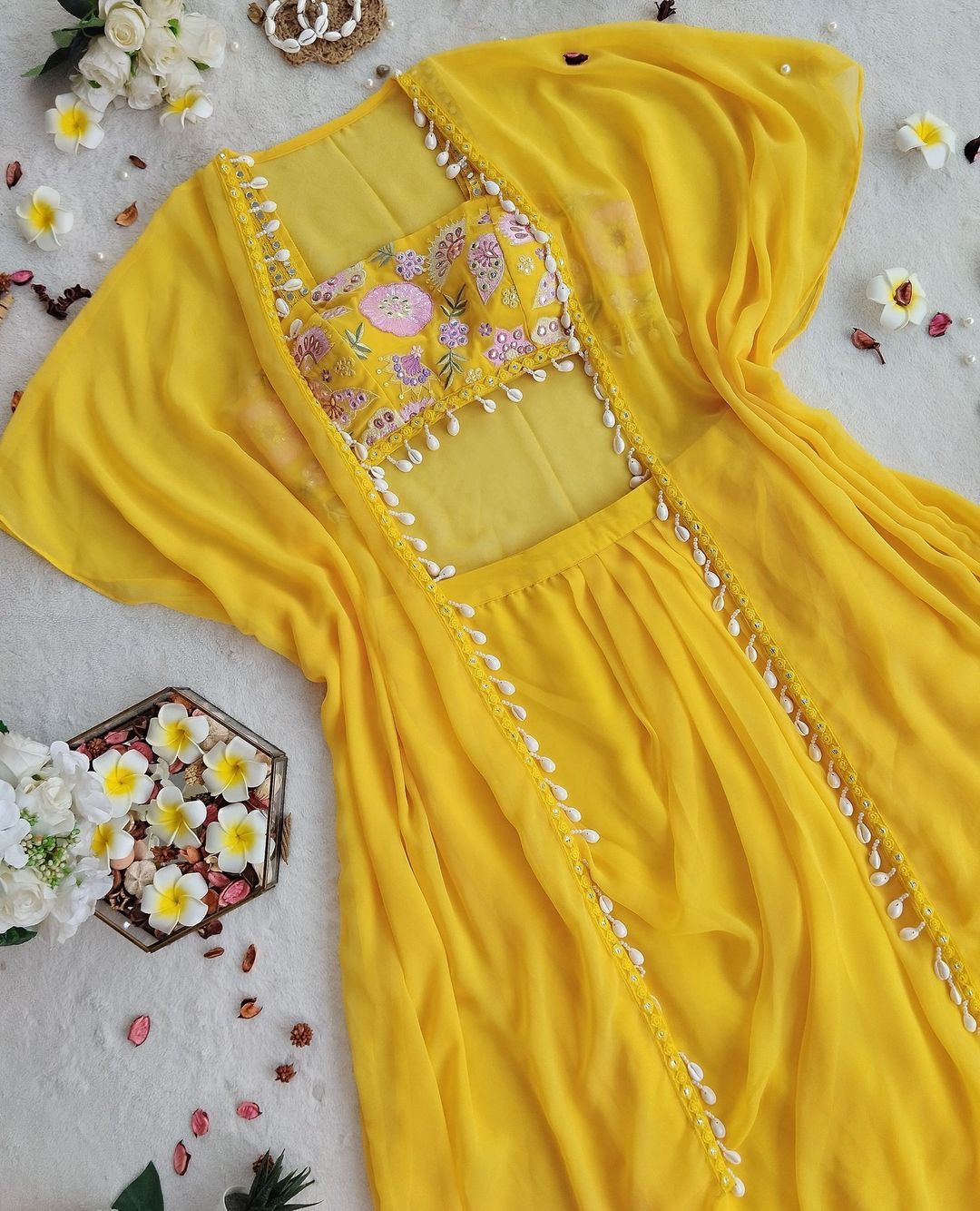 Haldi Special Designer Yellow Color Indo-Western Pattern With Full Embroidered Blouse With Full Stitch Shrug And Lehenga