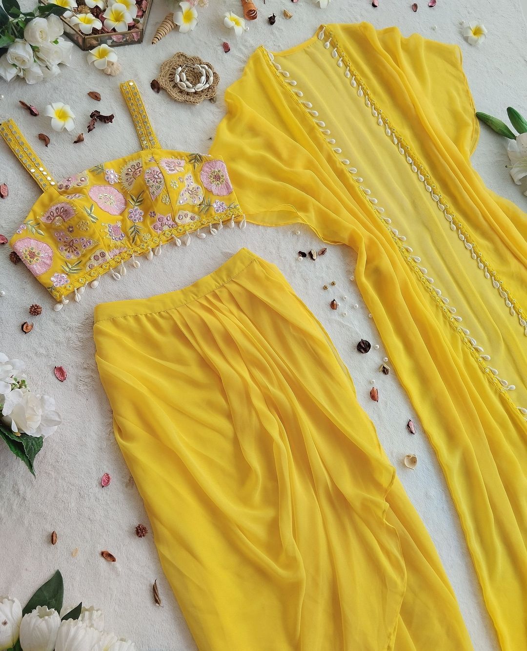 Haldi Special Designer Yellow Color Indo-Western Pattern With Full Embroidered Blouse With Full Stitch Shrug And Lehenga