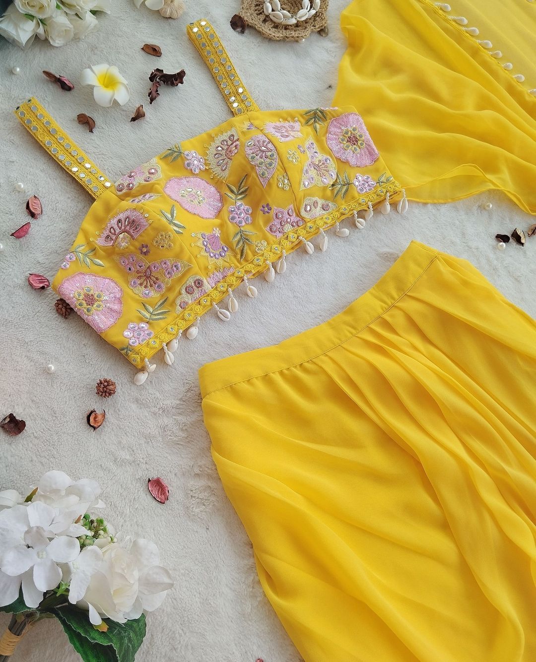 Haldi Special Designer Yellow Color Indo-Western Pattern With Full Embroidered Blouse With Full Stitch Shrug And Lehenga