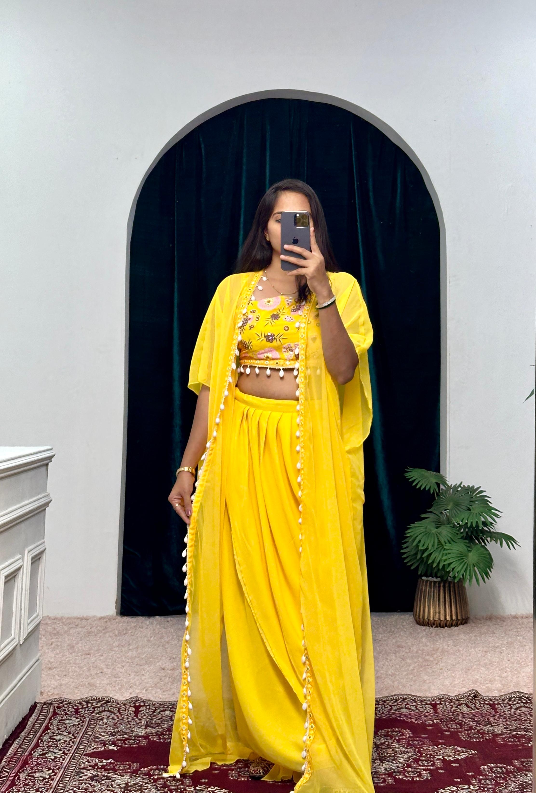 Haldi Special Designer Yellow Color Indo-Western Pattern With Full Embroidered Blouse With Full Stitch Shrug And Lehenga