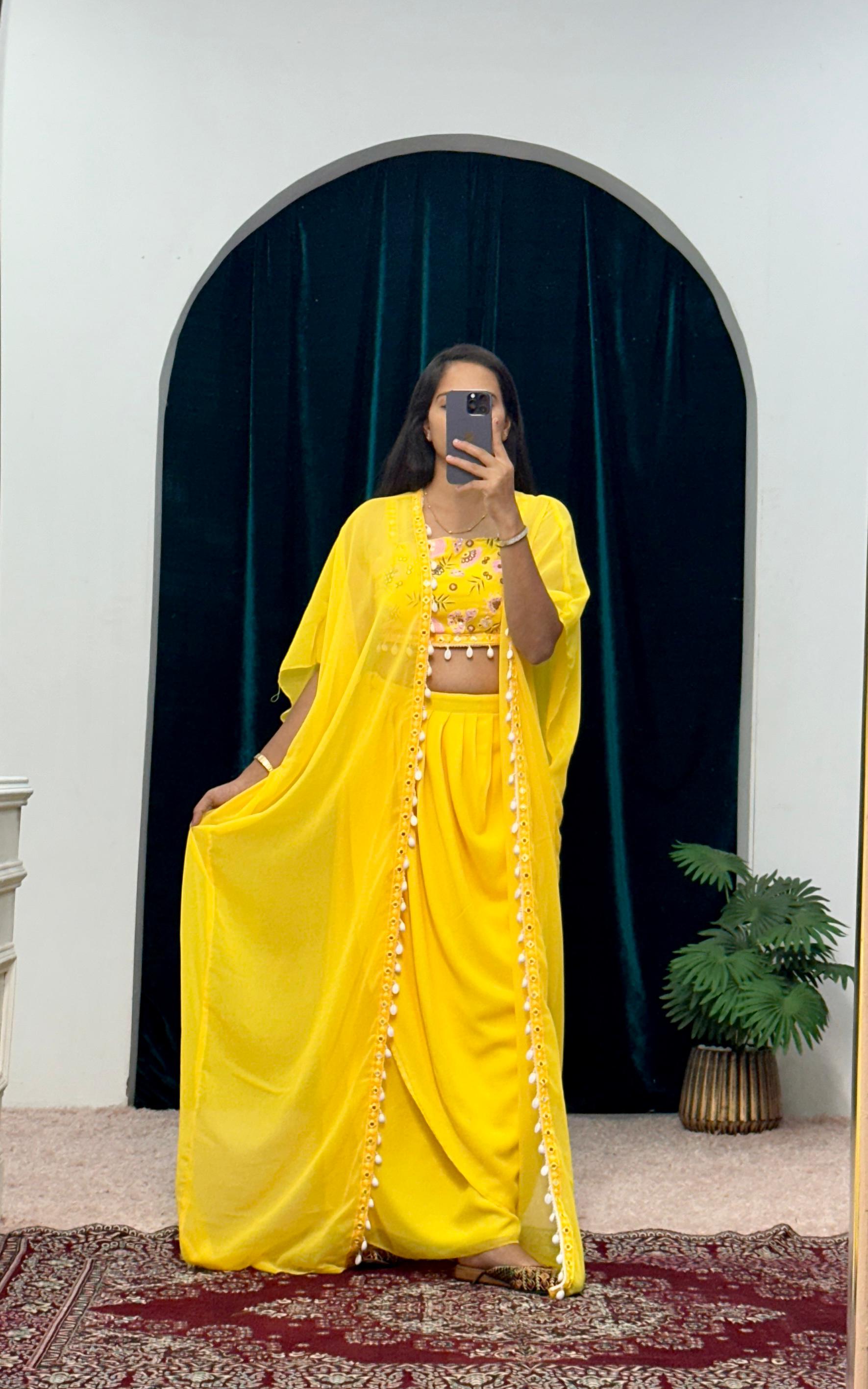 Haldi Special Designer Yellow Color Indo-Western Pattern With Full Embroidered Blouse With Full Stitch Shrug And Lehenga