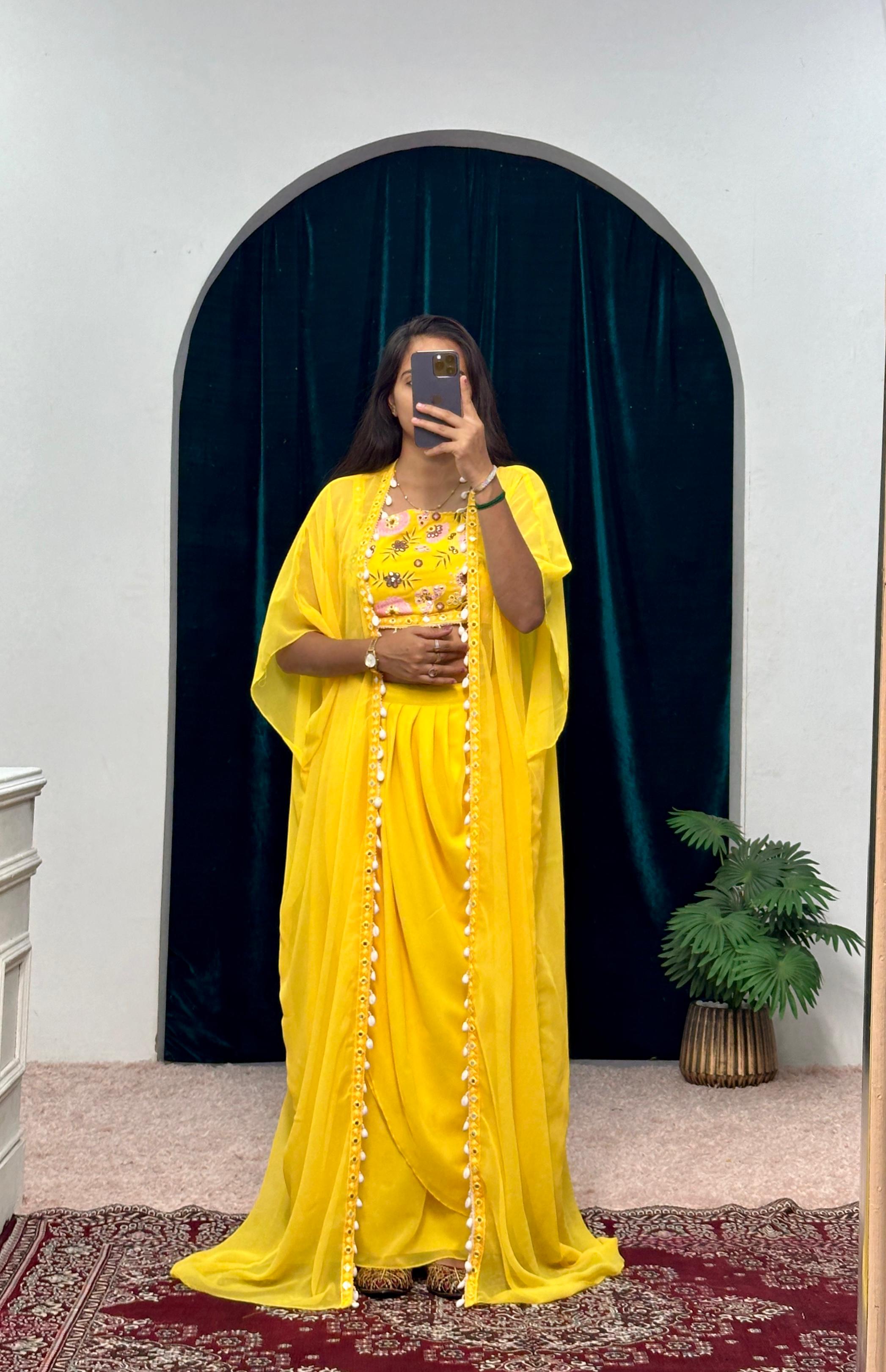 Haldi Special Designer Yellow Color Indo-Western Pattern With Full Embroidered Blouse With Full Stitch Shrug And Lehenga