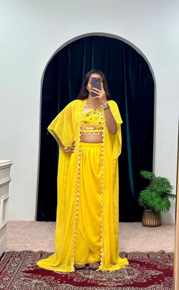 Haldi Special Designer Yellow Color Indo-Western Pattern With Full Embroidered Blouse With Full Stitch Shrug And Lehenga