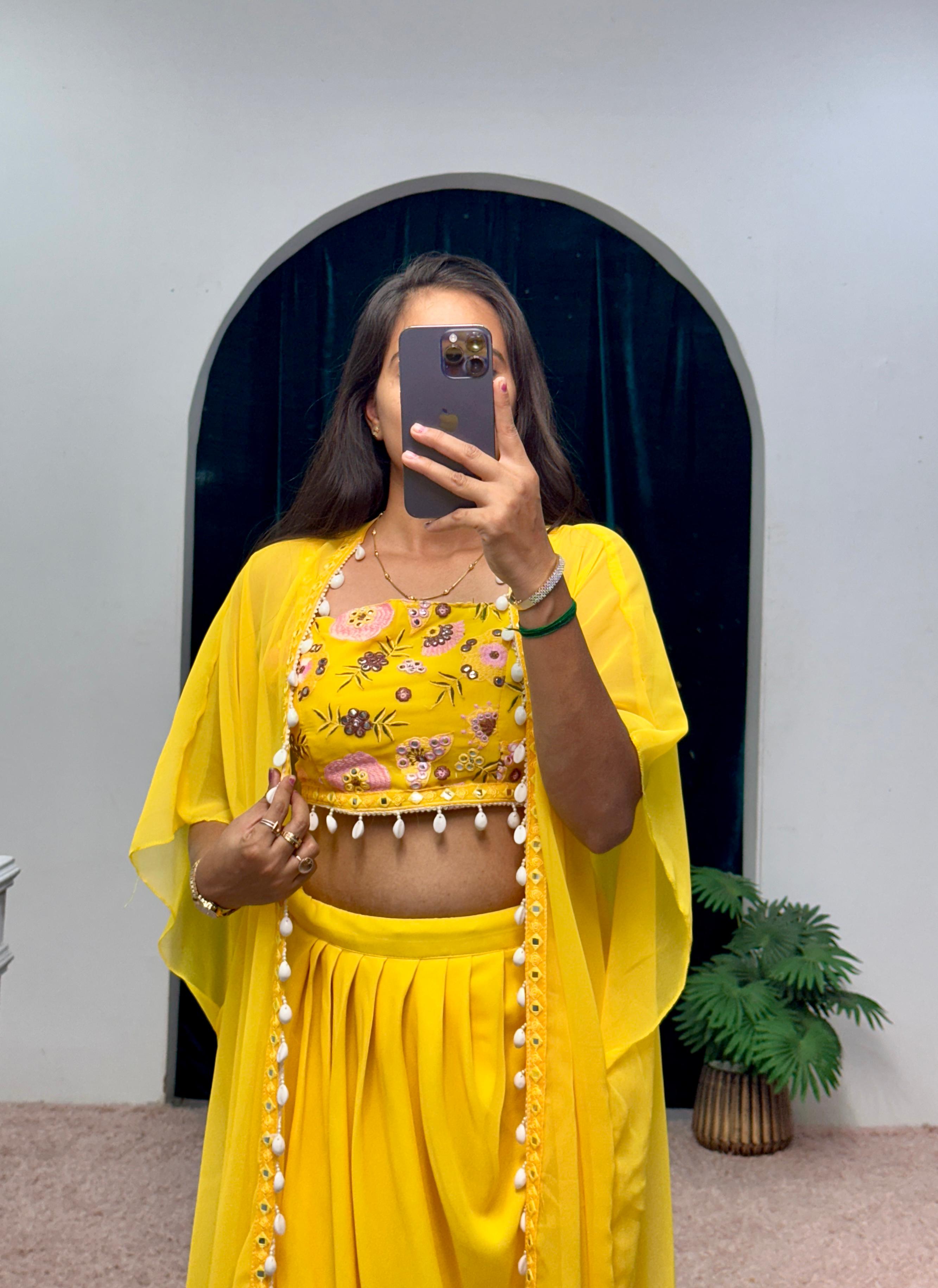 Haldi Special Designer Yellow Color Indo-Western Pattern With Full Embroidered Blouse With Full Stitch Shrug And Lehenga