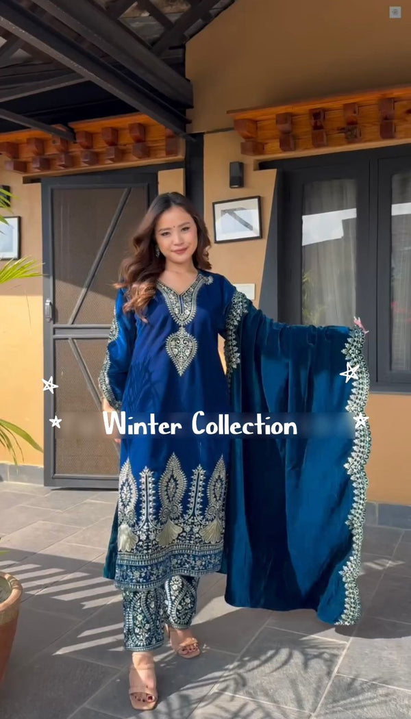 Party Wear Blue Color Heavy Viscose Velvet With Heavy Embroidery Sequence Work Salwar Suit